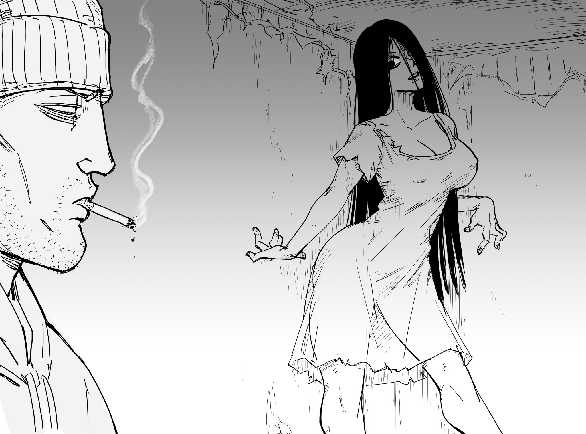 1boy, 1girls, bb (baalbuddy), breasts, cigarette, emotionless, expressionless, female, funny, ghost, humor, looking at another, male, shocked, skimpy, smoking, staring, stubble, tagme