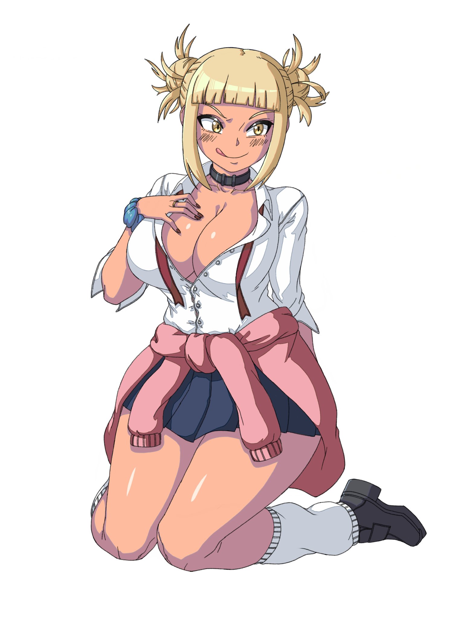 ai generated, blonde hair, cleavage, female, gyaru, himiko toga, messy hair, my hero academia, tagme, tan skin, twin buns