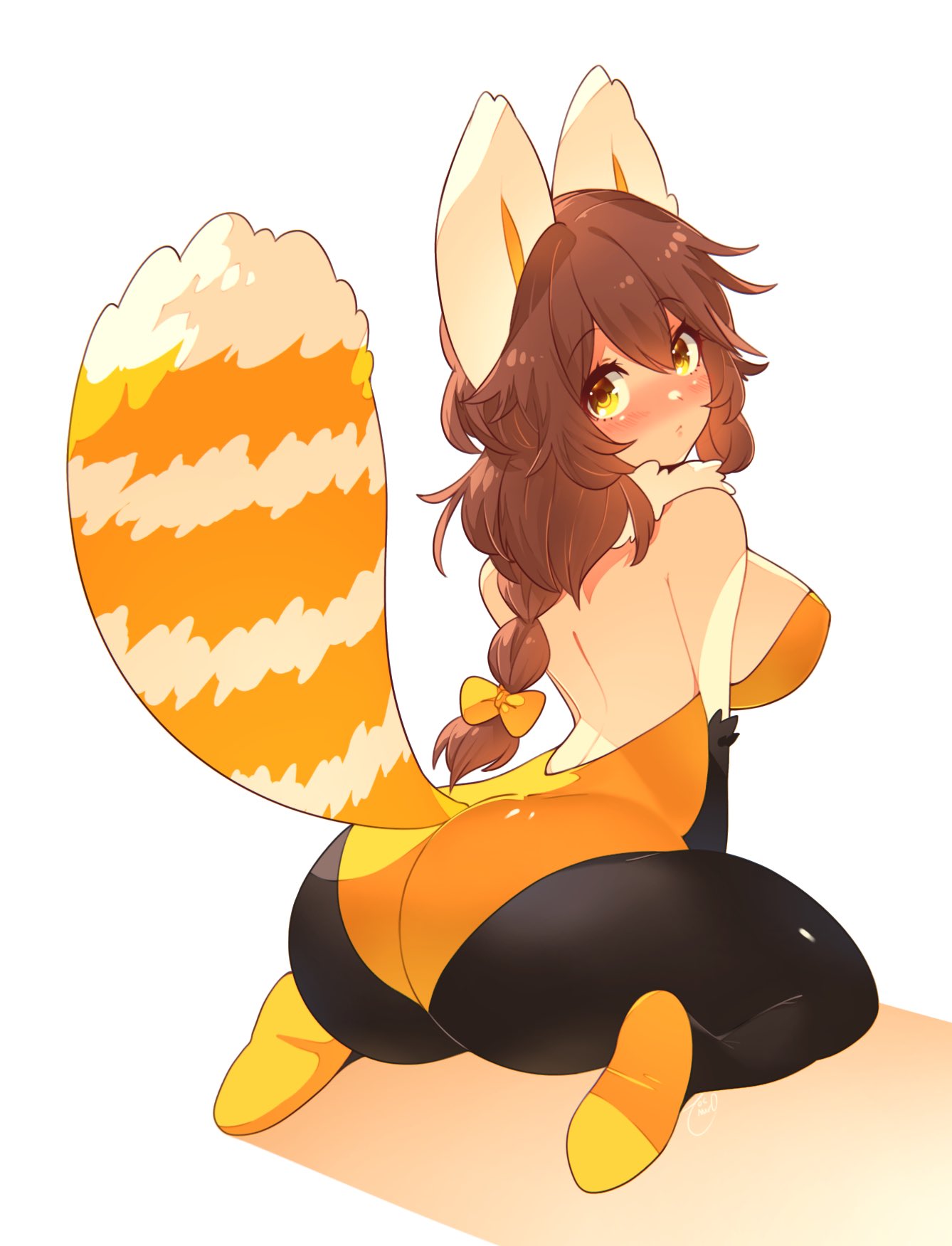 ass big_ass bunnysuit female large_breasts looking_back on_knees red_panda_ears red_panda_tail