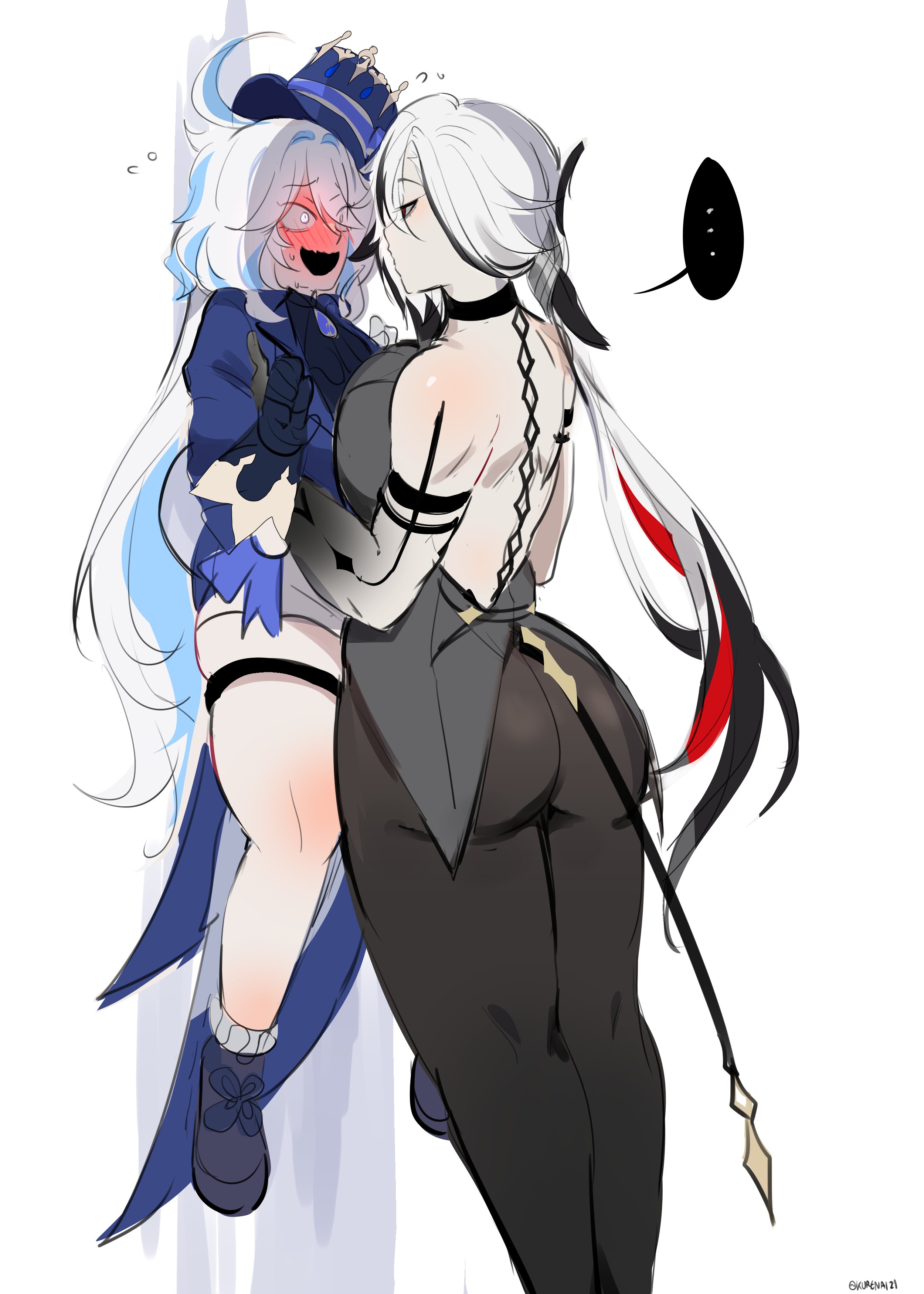 2girls, against wall, arlecchino (genshin impact), ass, big ass, blush, breast press, breasts, carrying, carrying partner, dangling legs, eye contact, female, female only, femdom, furina (genshin impact), genshin impact, how to talk to short people, kurenaiz1, meme, shorter female, size difference, smile, standing, taller female, thick thighs, wholesome, yuri