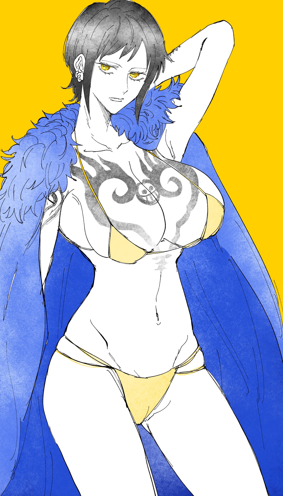 1girls big_breasts bikini black_hair cape chest_tattoo cleavage female female_only fur_coat fur_trim genderswap_(mtf) micro_bikini omo_sinzanmono one_piece one_piece:_egghead_arc rule_63 shiku_shiku_no_mi short_hair solo tattoo tattoos trafalgar_law yellow_background yellow_bikini yellow_eyes