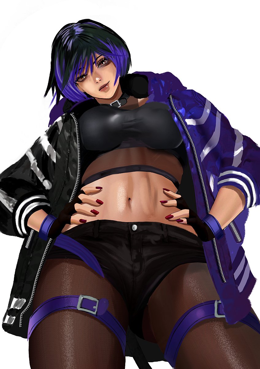 1girls abs belly_button big_breasts female female_only jacket kittymiya low-angle_view midriff nail_polish namco navel pantyhose pov reina_mishima see-through see-through_clothing short_hair short_pants shorts tekken tekken_8 thigh_strap tomboy