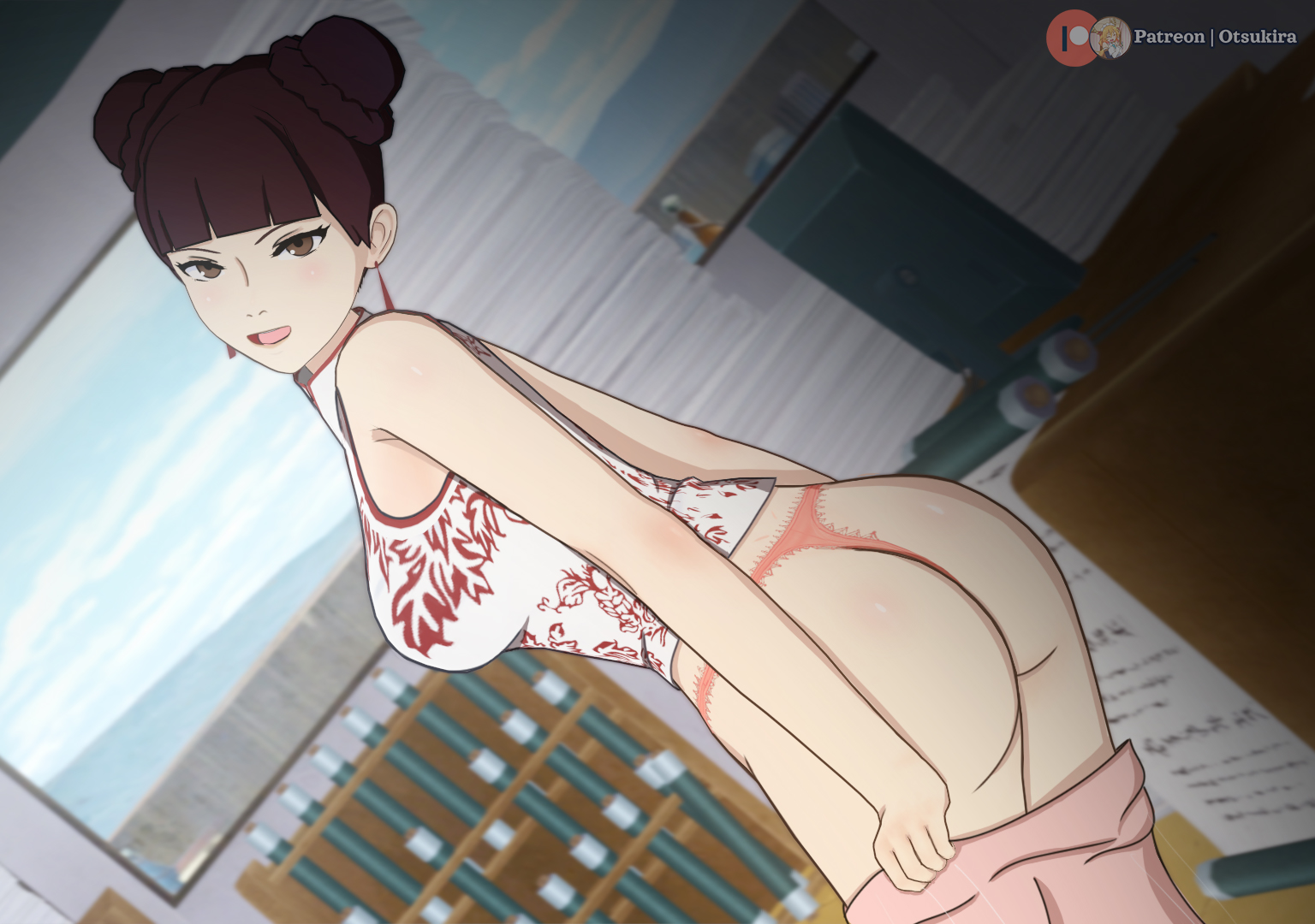 1girls, ass, ass focus, before sex, blunt bangs, boruto: naruto next generations, breasts, chinese clothes, clothing, clothing pull, double bun, earrings, female, floral print, from behind, g-string, hair bun, hokage office, indoors, koikatsu, legs together, mature, mature female, milf, mooning, naruto, naruto (series), office, otsukira, panties, pants, pants down, pants pull, pants pulled down, patreon username, presenting, presenting ass, pulled by self, shirt, sideboob, sleeveless, sleeveless shirt, smile, standing, tank top, tenten, thong, twin buns, undressing, url, watermark, web address