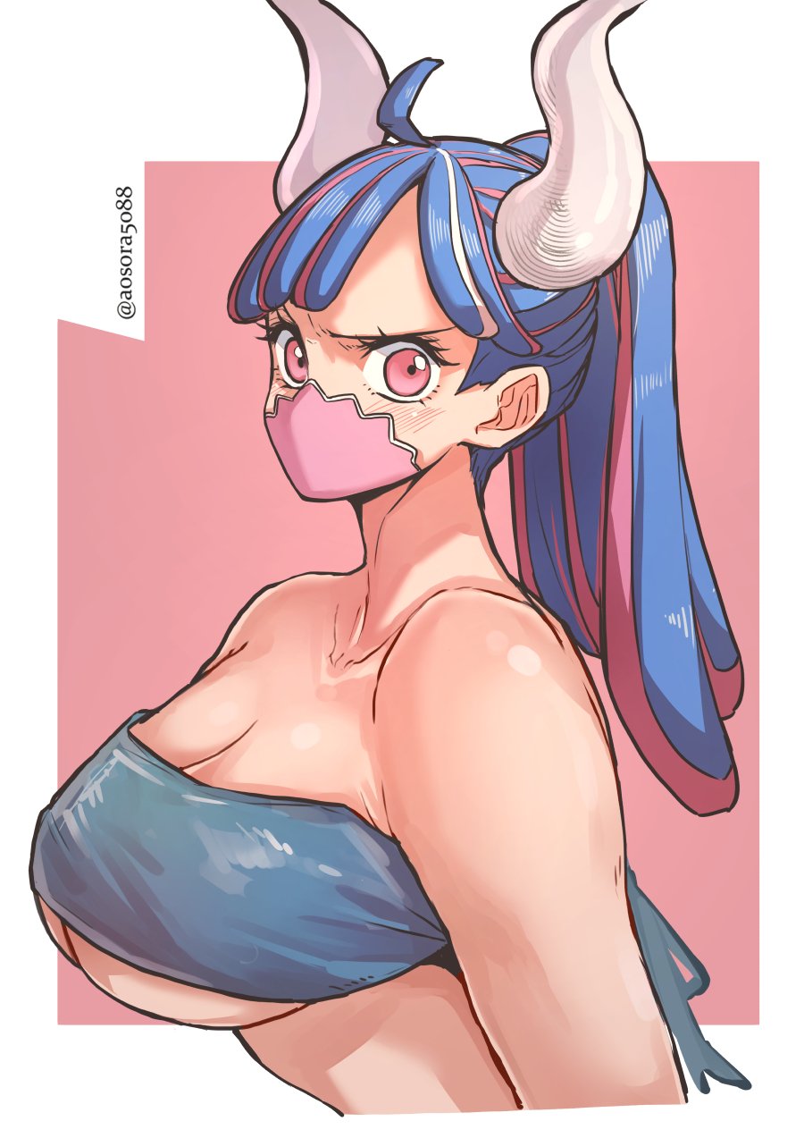 1girls, aosora, big breasts, blue hair, blue-haired female, breasts, cleavage, female, female only, horns, mask, one piece, solo, solo female, ulti (one piece)