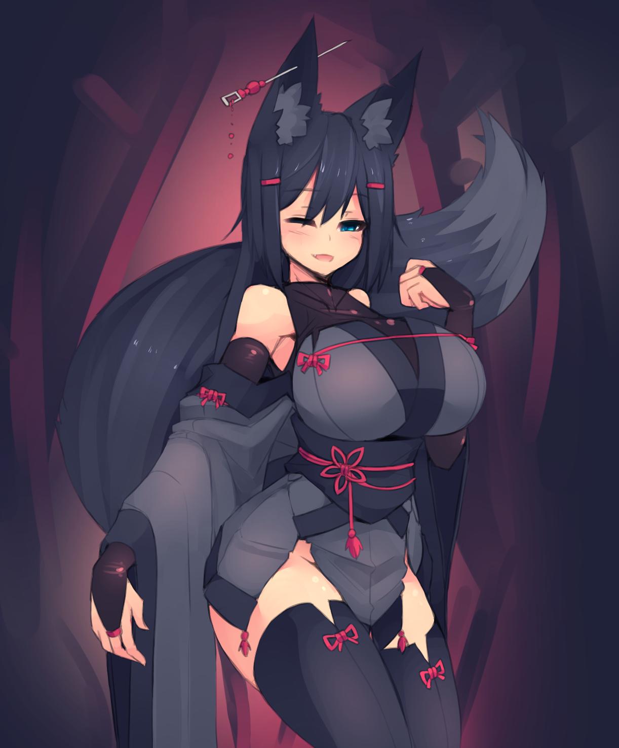 1girls 2019 black_fur black_hair blue_eyes blush blushing_at_viewer color cute ear_tuft ear_tufts female fox_ears fox_girl fox_tail foxgirl huge_breasts kiri_(sub-res) large_breasts smile smiling smiling_at_viewer sub-res thick_thighs thighhighs wholesome wink winking winking_at_viewer