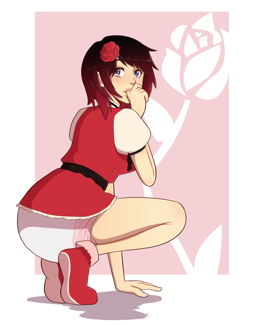 1girls abdl adult_baby baby_clothes dark-diaper diaper diaper_fetish frilled_dress infantilism pieceofsoap red_dress ruby_rose rwby squatting sucking_thumb thumb_in_mouth