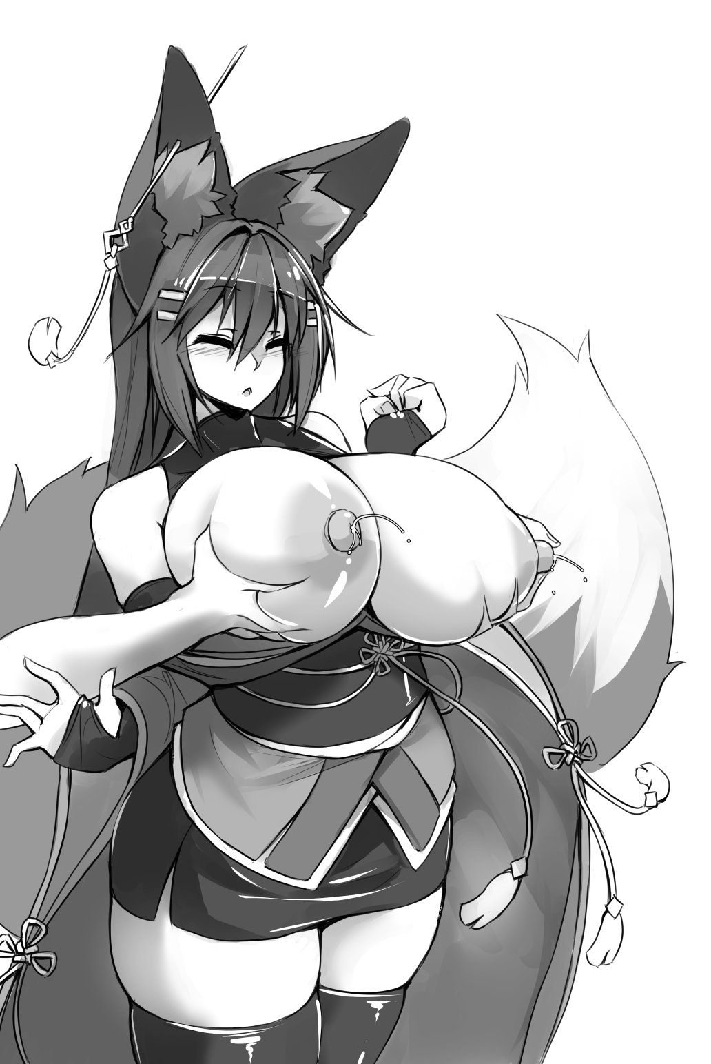 1girls 2020 alternate_version_at_source alternate_version_available aroused blush breast_grab fox_ears fox_girl fox_tail grabbing_from_behind groping_breasts kiri_(sub-res) lactating lactation large_breasts massaging_breasts milk milking sketch sub-res thick_breasts thighhighs white_background