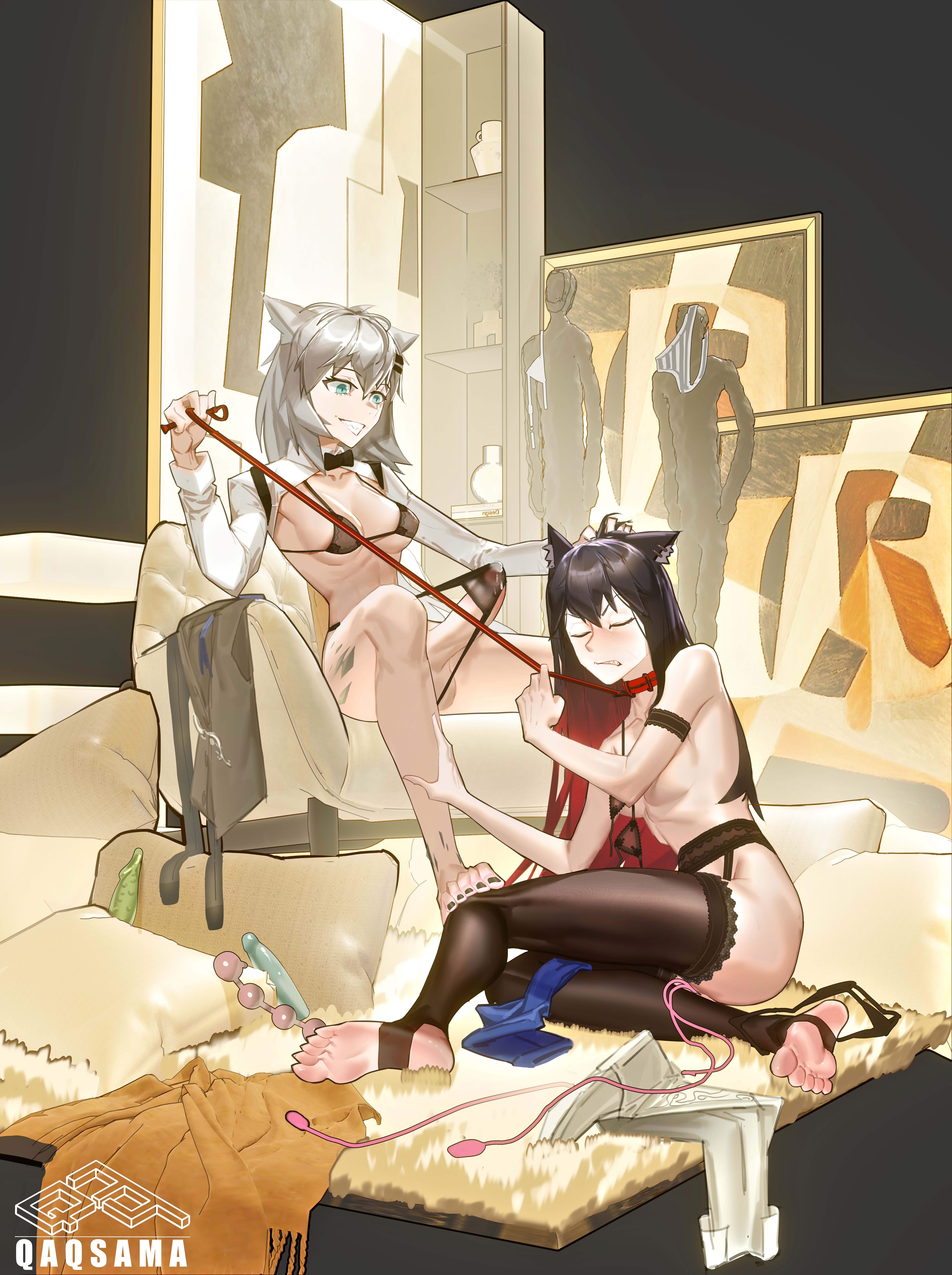 arknights, balls, closed eyes, erection, feet, female, lappland (arknights), male, penis, qaqsama, soles, testicles, texas (arknights), toes, yuri