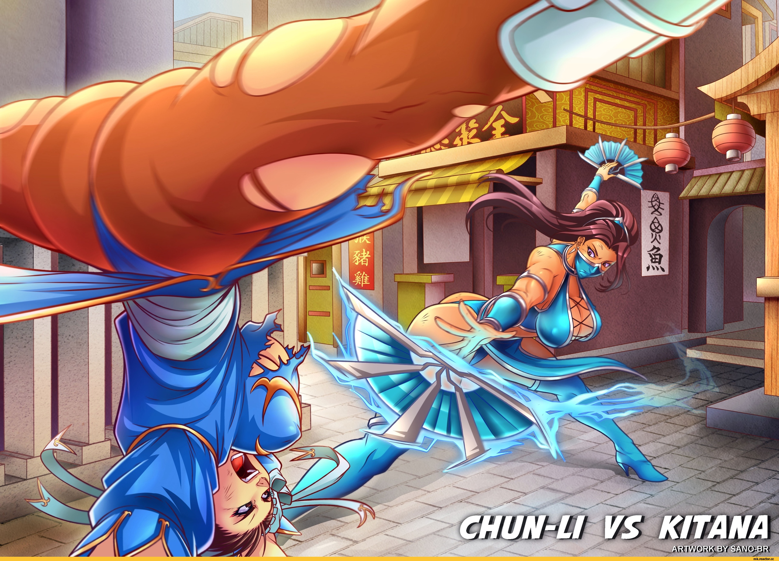 2017, 2girls, artist name, ass, big ass, big breasts, breasts, brown eyes, brown hair, capcom, catfight, character name, chinatown, chun-li, cleavage, clothes, crossover, digital drawing, digital drawing (artwork), digital media, digital media (artwork), digital painting (artwork), earrings, english text, fan, female, female only, fight, high heels, kanji, kitana, legs apart, legs spread, light skin, light-skinned female, long hair, looking at another, mask, mortal kombat, mortal kombat (2011), netherrealm studios, nipple bulge, open mouth, outdoors, pantyhose, ponytail, ribbons, ripped clothing, ripped pantyhose, sano-br, sfw, skindentation, splits, street fighter, street fighter iii, street fighter iv, street fighter v, thick thighs, torn pantyhose, underboob, upside-down, watermark, wrist cuffs