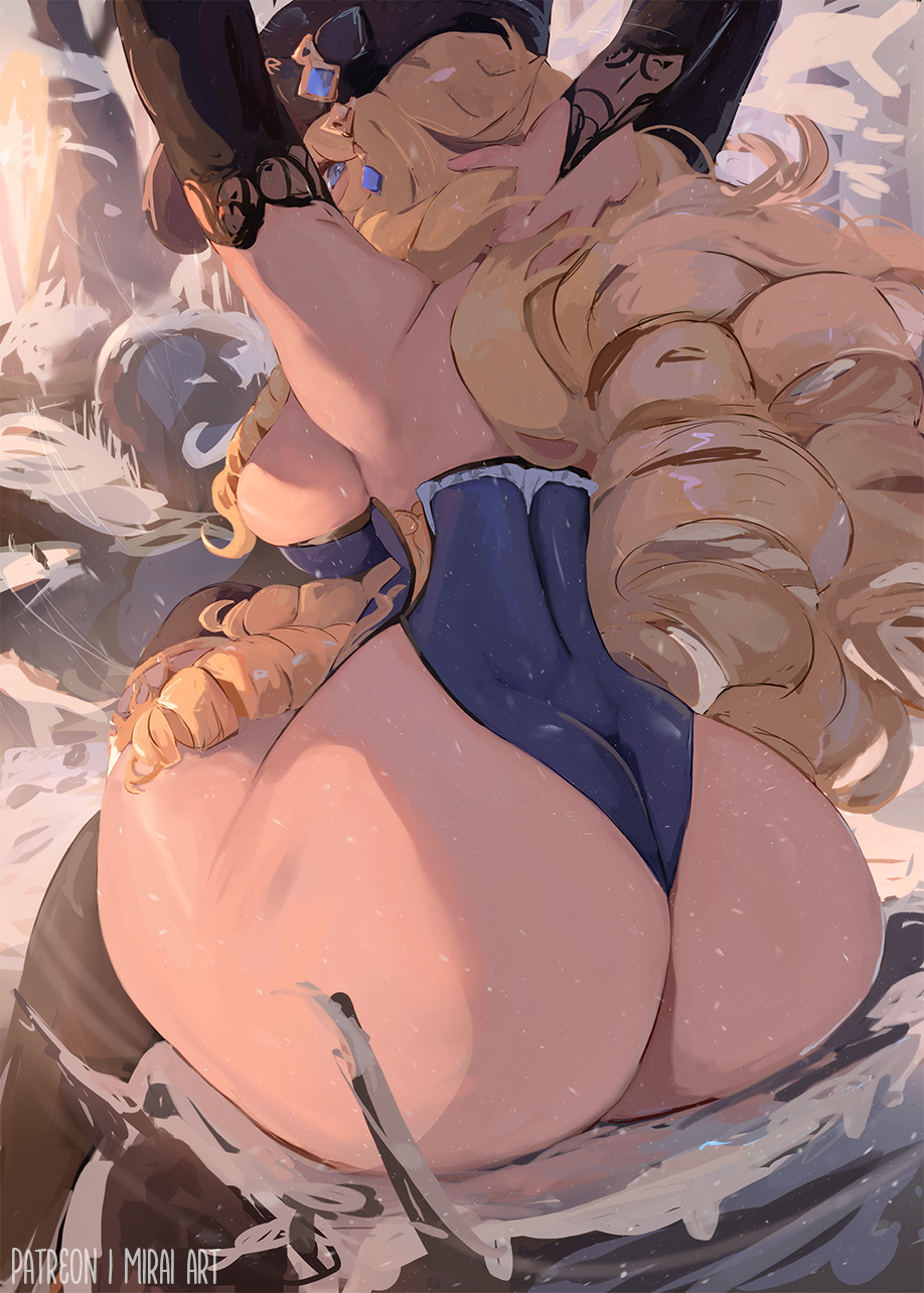 1girls alternate_outfit ass ass_focus backboob big_ass blonde_hair blue_eyes breasts curly_hair dat_ass female female_only genshin_impact hi_res hoyoverse huge_ass huge_breasts light_skin long_hair looking_at_viewer miraihikari naughty_face navia_(genshin_impact) sitting solo thick_thighs