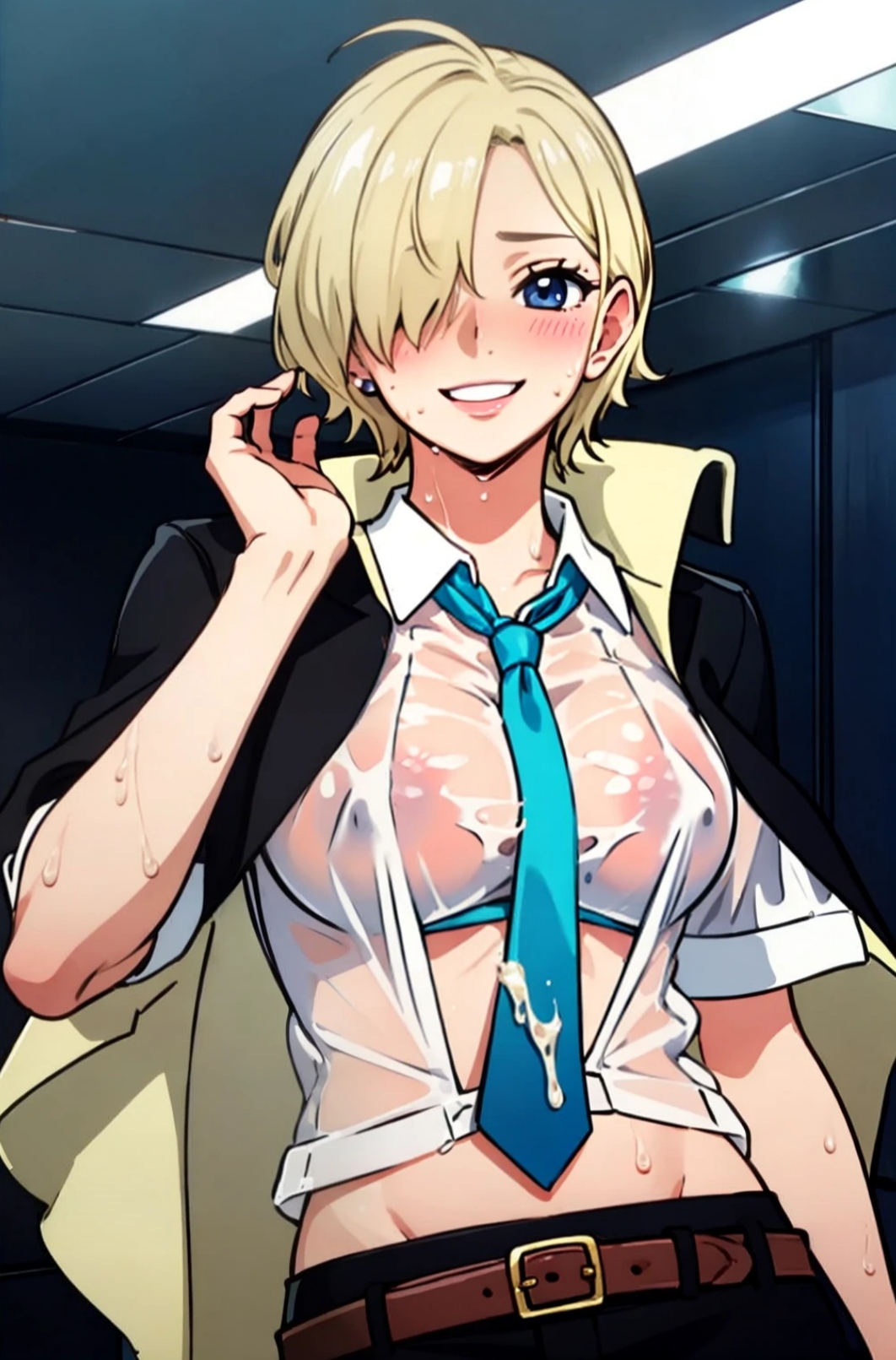 ai_generated artist_request black_suit blonde_hair blue_eyes blush clothing cum female female_only hair_over_one_eye medium_breasts necktie one_piece rule_63 sanji short_hair skirt smile solo vinsmoke_sanji wet wet_clothes