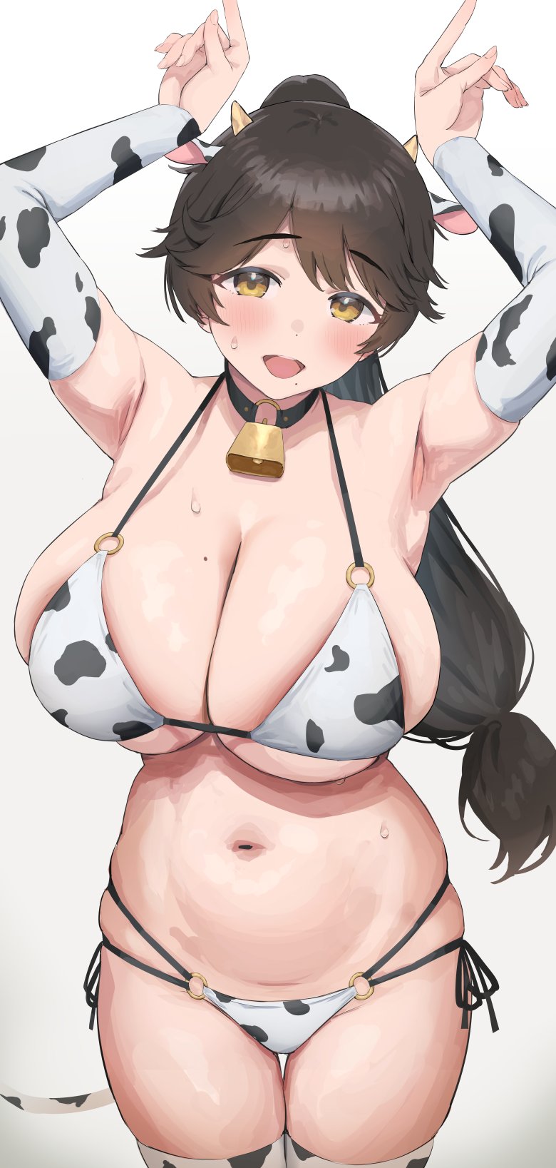 1girls armpits beauty_mark_on_breasts bell bell_collar belly blush bunny_pose cow_ears cow_girl cow_horns cow_print cow_print_armwear cow_print_bikini cow_print_legwear cow_tail cowboy_shot dolphin_wave finger_horns gigantic_breasts huge_breasts legwear light-skinned_female light_blush light_skin nekoshoko ponytail skindentation smile sweatdrop sweaty thick_thighs wide_hips yamaba_yume