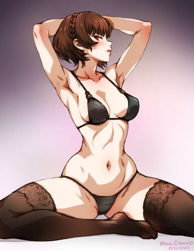 1girls arms_up black_lingerie black_thighhighs brown_hair curvy cute female fit fit_female hands_behind_head hip_dips lace-trimmed_thighhighs light-skinned_female light_skin lingerie makoto_niijima minacream navel persona persona_5 persona_5_royal red_eyes sitting slim_waist solo spread_legs tagme thighhighs thin_waist thong wide_hips