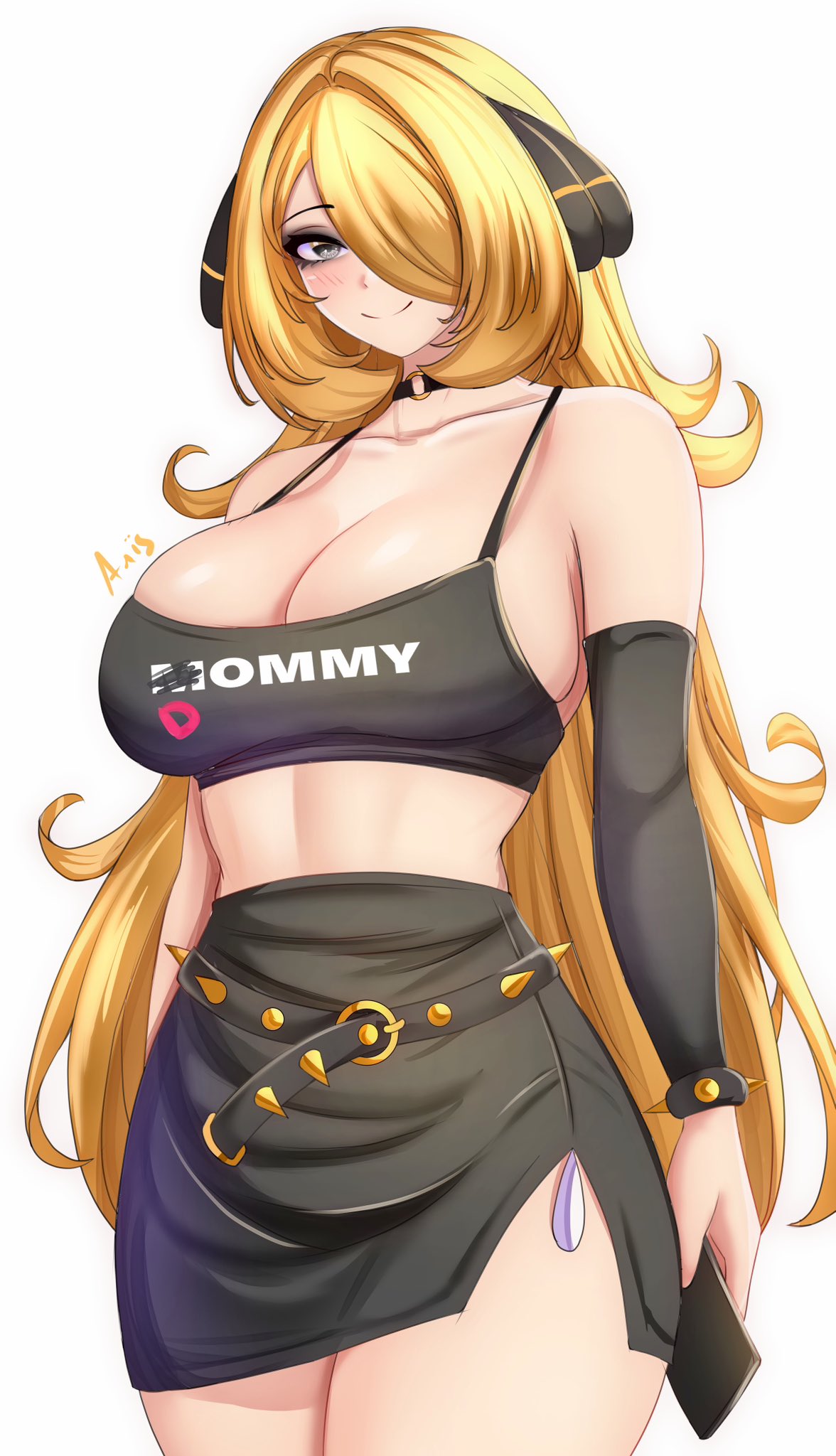 anisdrawn, blonde hair, breasts, busty, choker, crop top, cynthia (pokemon), english text, female, goth, large breasts, looking at viewer, mommy, mommy kink, one eye obstructed, pokemon, text