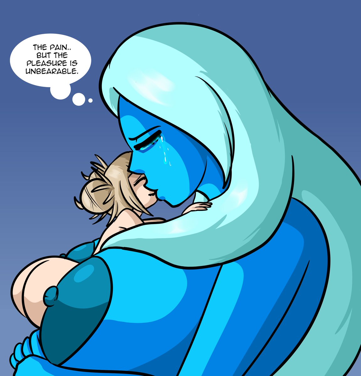 2girls, ass, blue diamond (steven universe), blue eyes, blue hair, blue skin, boku no hero academia, breasts, crossover, crying, dialogue, eastern and western character, english text, female, giantess, gigantic breasts, gigantic nipples, himiko toga, kissing, large ass, light skin, light-skinned female, max1mus, my hero academia, nude, nude female, speech bubble, steven universe, text, thought bubble, toga himiko, yuri