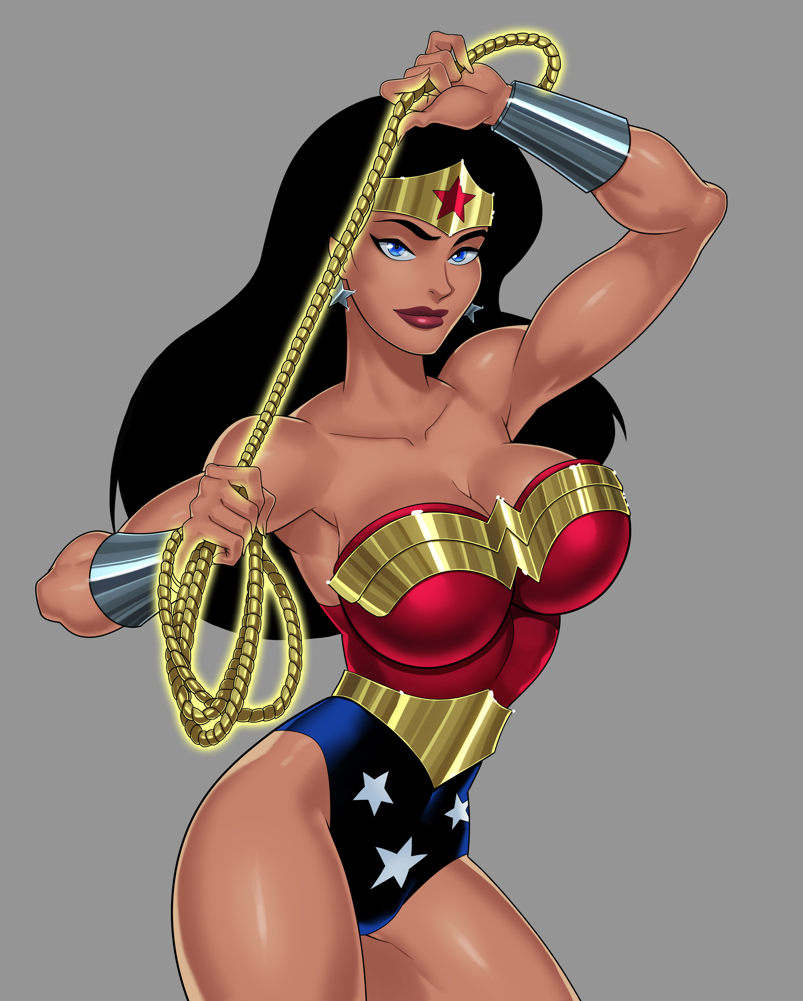 amazon, black hair, blue eyes, cleavage, dc, dc comics, female, female only, fully clothed, lasso of truth, leotard, lipstick, makeup, revealing clothes, rope, solo, sunsetriders7, tight clothing, wonder woman, wonder woman (series)