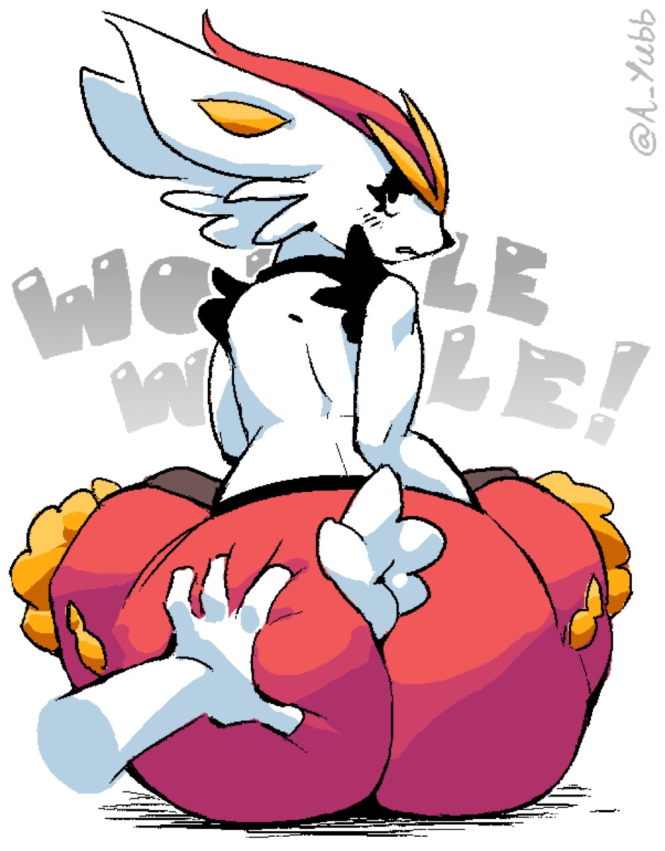 a yubb, ambiguous gender, annoyed, anthro, ass, ass grab, big ass, big butt, butt grab, cinderace, disembodied hand, hand on ass, hand on butt, looking at viewer, looking back, nintendo, pokemon, pokemon (species), rabbit