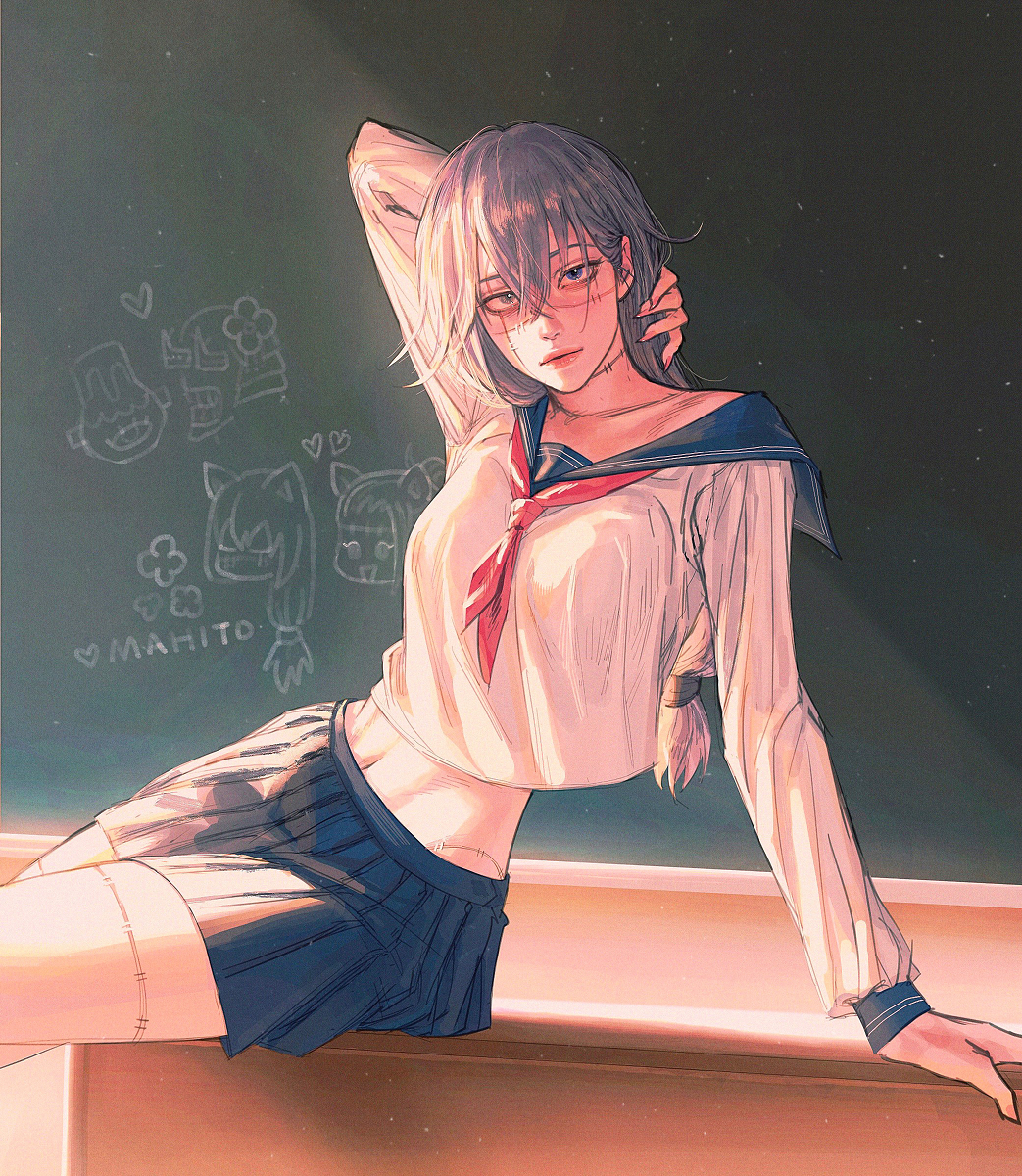 arms_up blue_eyes blue_hair blue_sailor_collar canon_genderswap chalkboard classroom crossed_bangs crossed_legs drawings female genderswap_(mtf) highres jujutsu_kaisen long_hair looking_at_viewer mahito_(jujutsu_kaisen) red_neckwear rule63 sailor_uniform shirt sitting skirt solo stiches wengwengchim white white_shirt