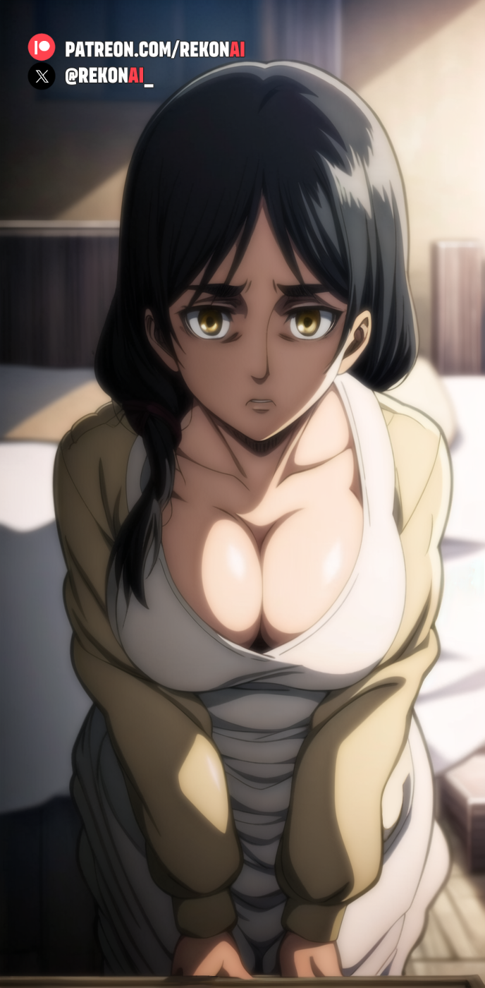 1girls 2d ai_generated apron attack_on_titan bed bedroom big_breasts black_hair brown_eyes brown_hair carla_jaeger female female_focus female_only female_protagonist from_above from_front_position huge_breasts innocent large_breasts light-skinned light-skinned_female light_skin long_hair looking_at_viewer medium_breasts milf pale-skinned_female pale_skin pov pov_eye_contact rekonai shingeki_no_kyojin standing tagme thick thick_lips uncensored