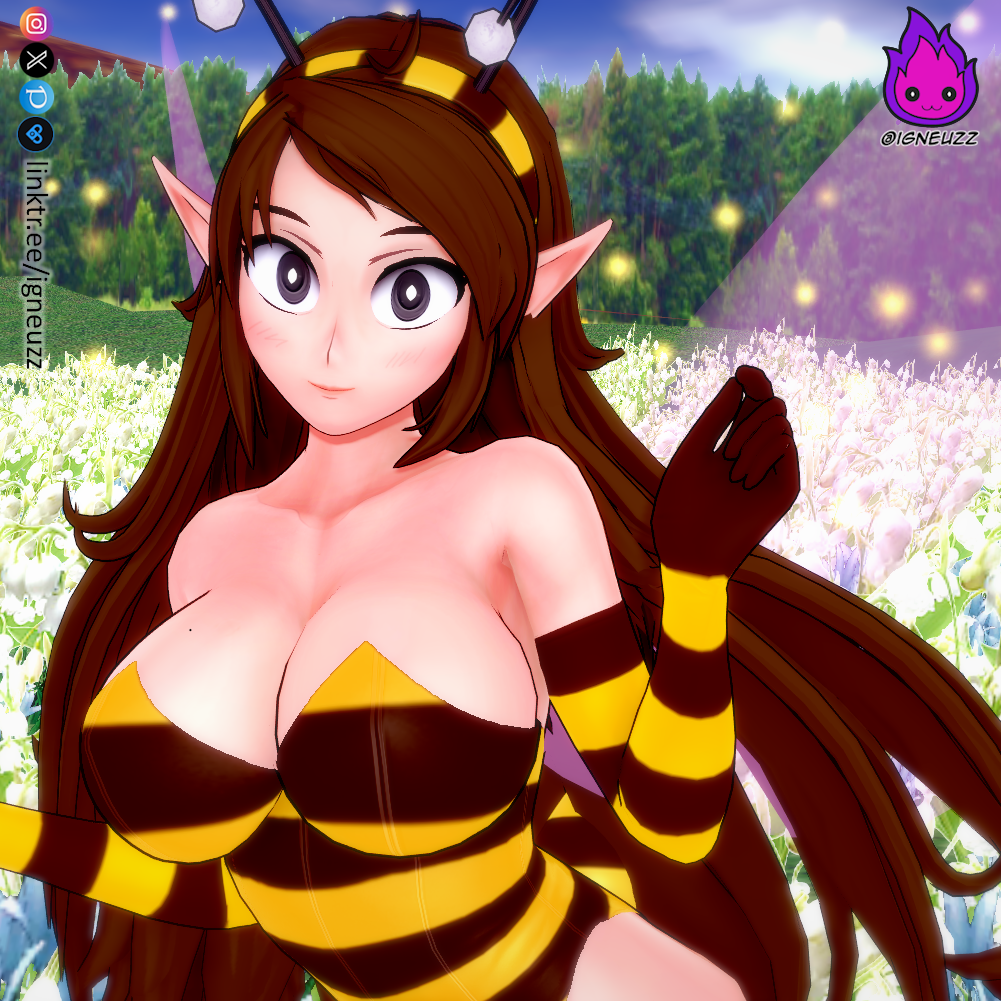 bee bee_costume bee_girl big_breasts big_eyes breasts brown_hair cartoony cute fairy_wings igneuzz looking_at_viewer nature nature_background original_character original_characters pointy_ears small_nose susiehatter tagme thick_thighs thighs wide_hips wings