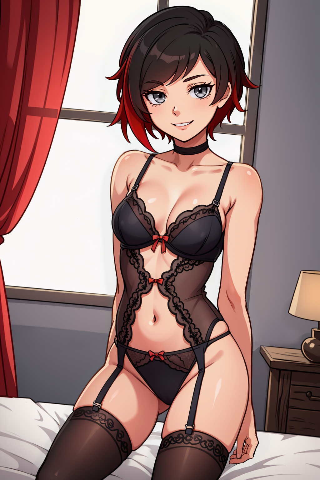 ai_generated aicon bedroom bra garter_belt gradient_hair lingerie medium_breasts navel panties ruby_rose rwby silver_eyes smile