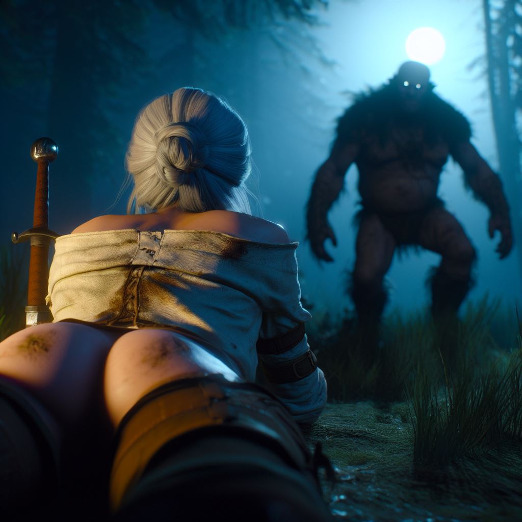 ai generated, ass, ciri, clothing, female, monster, sword, the witcher (series), the witcher 3: wild hunt, white hair, witcherzonensfw