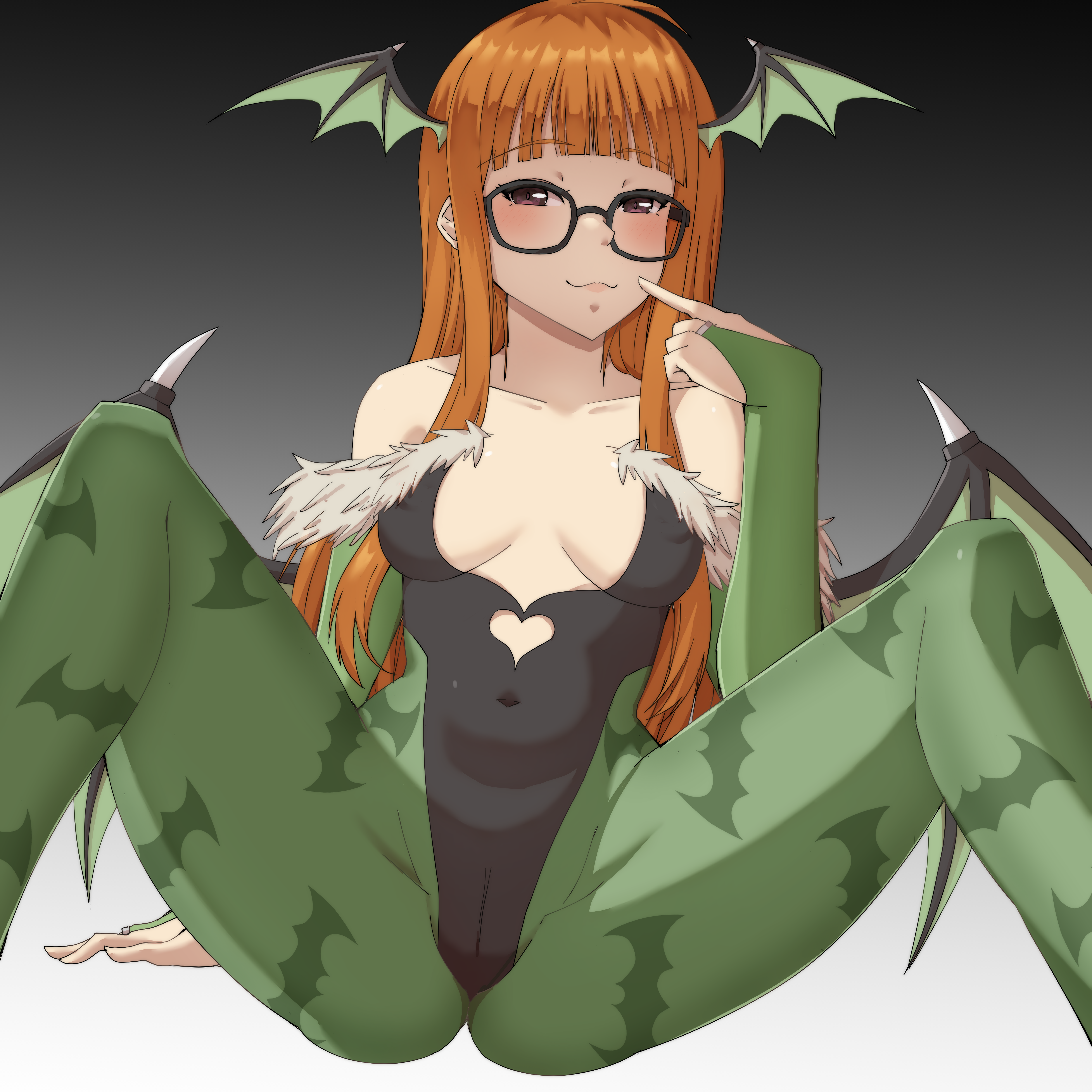 1:1, 1girls, animal print, bangs, bat print, bat wings, black leotard, breasts, cameltoe, clothing, cosplay, darkstalkers, elbow gloves, female, female only, glasses, gloves, head wings, hi res, highres, leotard, long hair, looking at viewer, lucky zero, megami tensei, morrigan aensland, morrigan aensland (cosplay), orange hair, persona, persona 5, pussy, sakura futaba, small breasts, smile, spread legs, stockings, vampire (game), vampire savior, wings