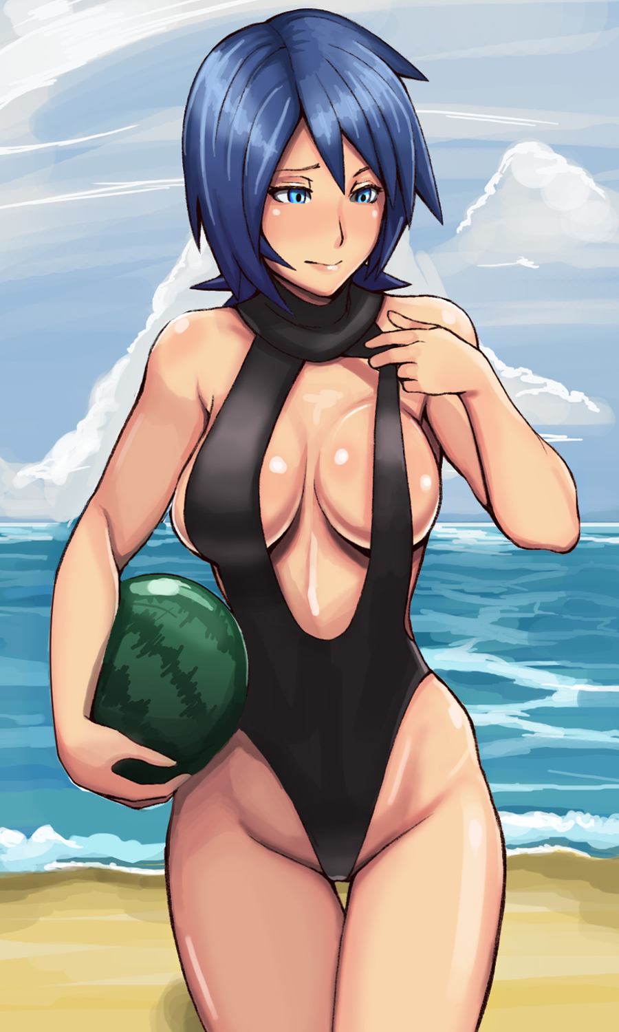 1girls 2022 alternate_costume aqua_(kingdom_hearts) beach blue_eyes blue_hair cleavage kingdom_hearts standby swimsuit watermelon