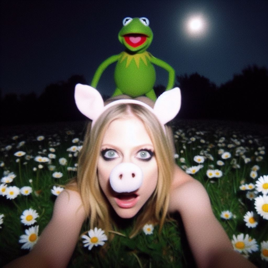 1girls ai_generated avril_lavigne blonde_hair celebrity dall-e3 doggy_style field flower_field flowers implied_sex kermit_the_frog lying_on_ground muppets outside pig pig_ears pig_girl pig_nose puppet real_person sesame_street tagme the_muppet_show