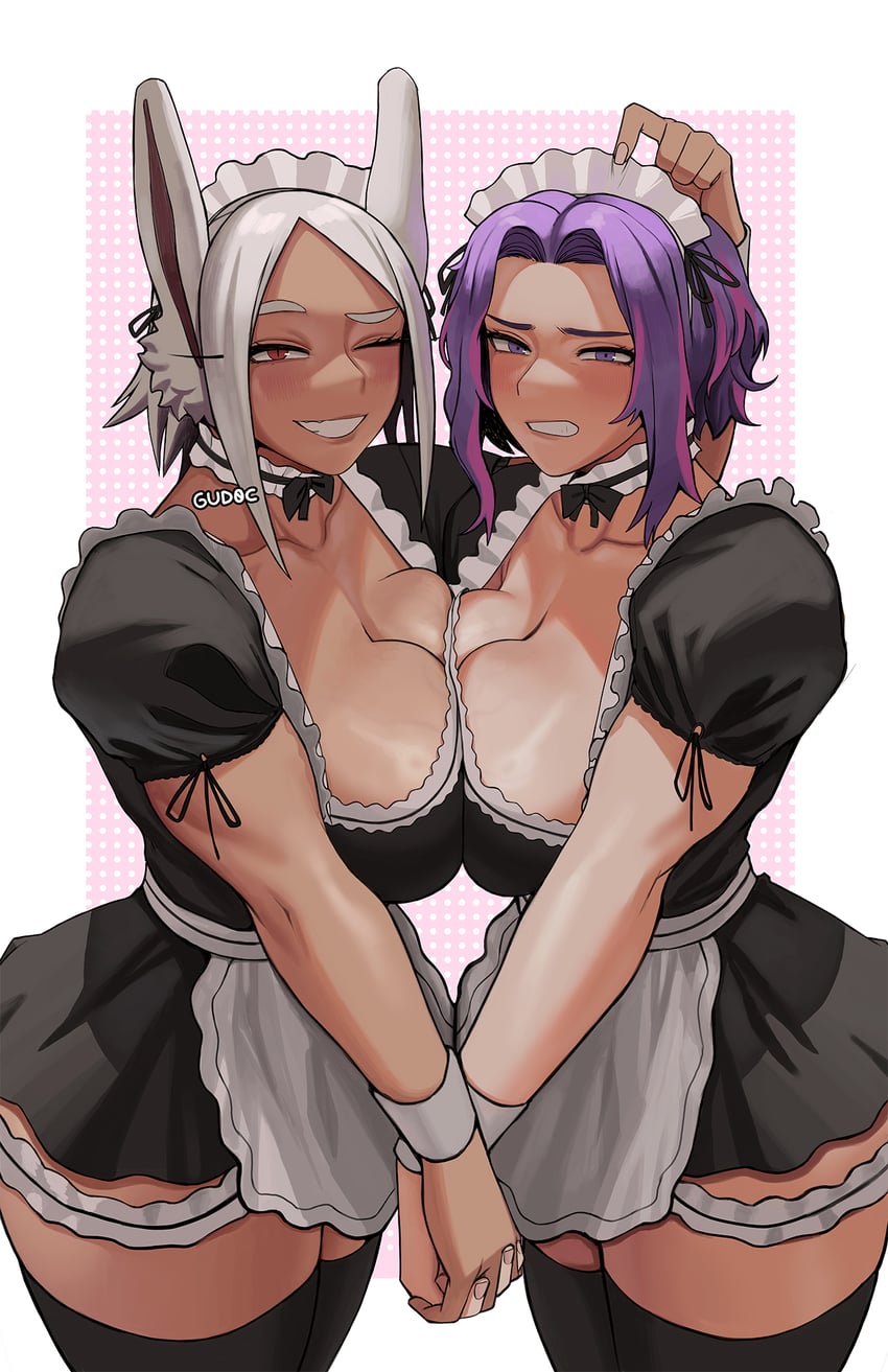 2girls animal_ears apron big_breasts breast_press breasts dark-skinned_female dark_skin female female_only gud0c highres kaina_tsutsumi lady_nagant maid maid_apron maid_headdress miruko multicolored_hair multiple_girls my_hero_academia purple_eyes purple_hair rabbit_ears rabbit_girl red_eyes rumi_usagiyama symmetrical_docking take_your_pick thick_thighs thighhighs thighs two-tone_hair veins veiny_breasts white_background white_hair