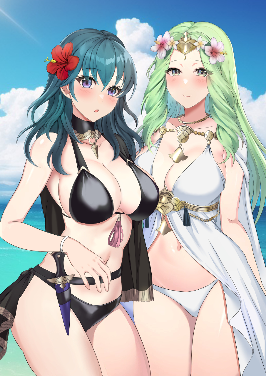 2023 2girls alternate_costume bare_shoulders bikini black_bikini black_choker black_swimsuit blue_eyes blue_hair blue_sky blush bracelet breasts byleth_(female)_(fire_emblem) byleth_(female)_(summer)_(fire_emblem) byleth_(fire_emblem) byleth_(fire_emblem)_(female) choker cleavage cloud commentary cowboy_shot dagger day female female_only fire_emblem fire_emblem:_three_houses fire_emblem_heroes flower green_eyes green_hair hair_flower hair_ornament highres large_breasts light-skinned_female light_skin long_hair looking_at_viewer multiple_girls navel nintendo ocean official_alternate_costume open_mouth pink_flower red_flower rhea_(fire_emblem) rhea_(summer)_(fire_emblem) sideboob sky standing stomach swimsuit tara_(szzj7733) tassel thighs water white_bikini white_swimsuit