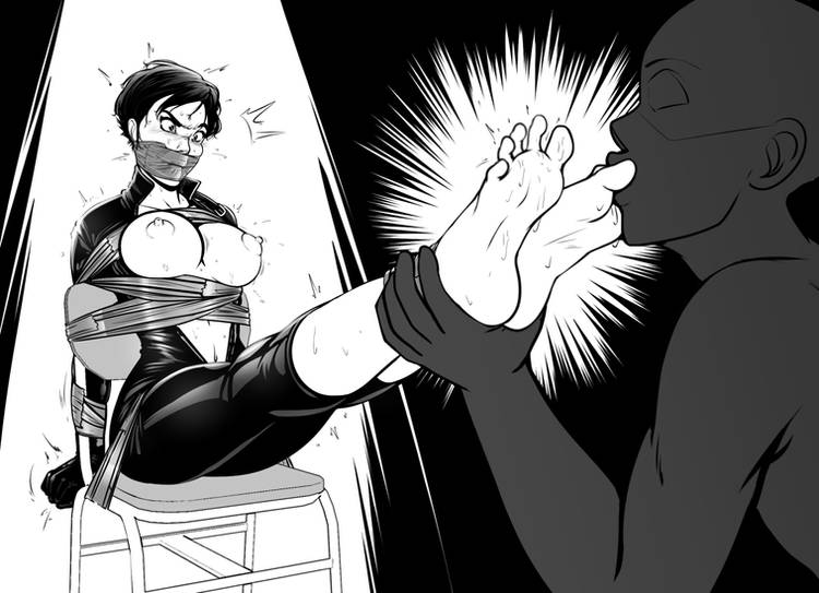 angry, batman (series), black hair, bondage, breasts, breasts out, catwoman, chair bondage, dc, dc comics, feet, female, foot fetish, foot focus, foot lick, gag, green eyes, selina kyle, struggling, sucking toes, surprised, sweat, tape bondage, tape gag