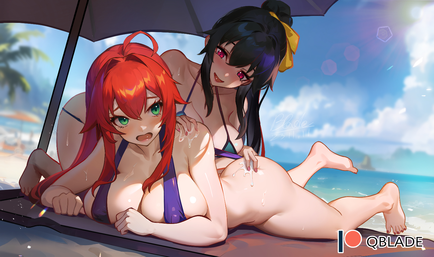 :d, 2girls, ahoge, akeno himejima, applying sunscreen, ass, ass crack, ass grab, barefoot, beach, beach umbrella, bikini, black hair, blue sky, blush, breasts, butt crack, cleavage, cloud, commission, covered nipples, day, female, female only, grabbing another's ass, green bikini, green eyes, hand on another's ass, hand on another's shoulder, high ponytail, high school dxd, large breasts, long hair, looking at another, lying, micro bikini, multiple girls, on stomach, one-piece swimsuit, open mouth, outdoors, purple eyes, purple one-piece swimsuit, qblade, red hair, revision, rias gremory, sky, slingshot swimsuit, smile, swimsuit, umbrella, very long hair, yuri