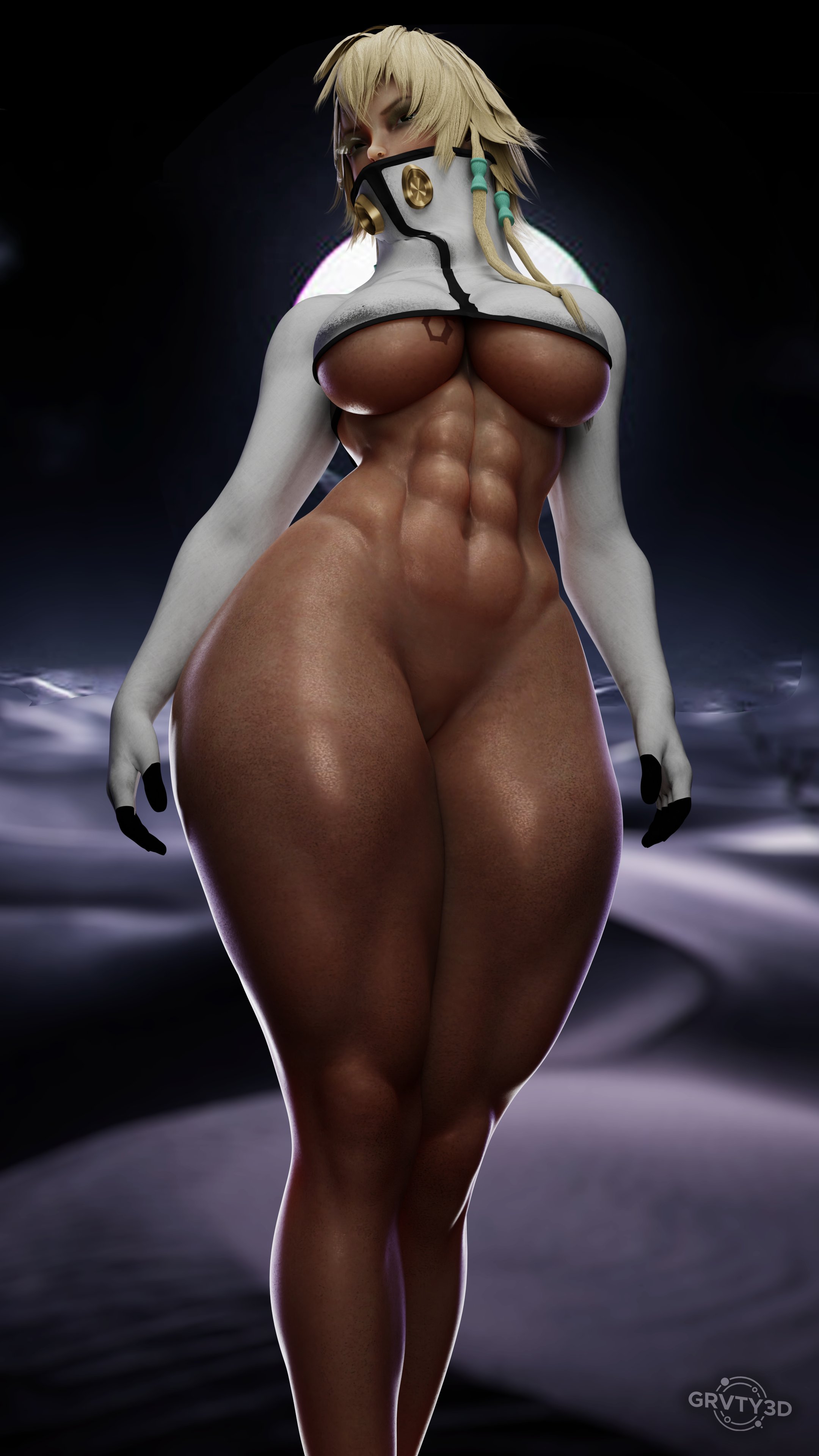 1girls, 3d, 3d (artwork), abs, alternate body type, big breasts, bleach, blonde hair, bottomless, bottomless female, breast focus, breasts, crop top, dark skin, dark-skinned female, female, female abs, female only, fit, fit female, functionally nude, grvty3d, hands on breasts, large breasts, muscles, muscular, muscular female, navel, presenting, presenting breasts, shiny skin, six pack, solo, stomach, tattoo, thick thighs, tia harribel, toned, toned female, underboob, wide hips