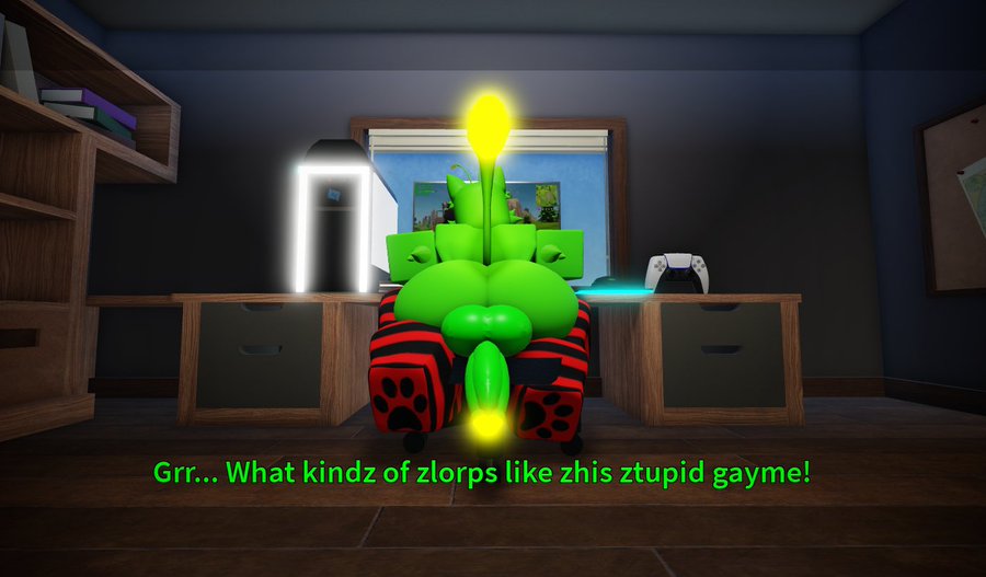 1boy 3d alien artist_request ass back_view fortnite furry glowing glowing_tail_tip gnarpian gnarpy_(regretevator) male male_only playing_videogame ps5_controller regretevator roblox roblox_game robloxian solo source_request tagme thigh_highs thighhighs yiff