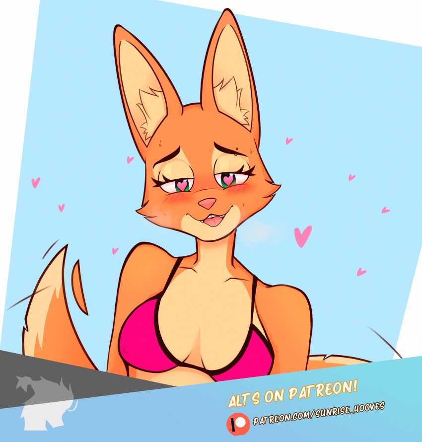 anthro big_breasts bikini blush breasts canid canine clothing diane_foxington dreamworks eyebrow_piercing facial_piercing fangs female fox fur green_eyes inner_ear_fluff mammal orange_body orange_fur piercing pink_nose smile sunrise_hooves swimwear tail tailwag teeth the_bad_guys