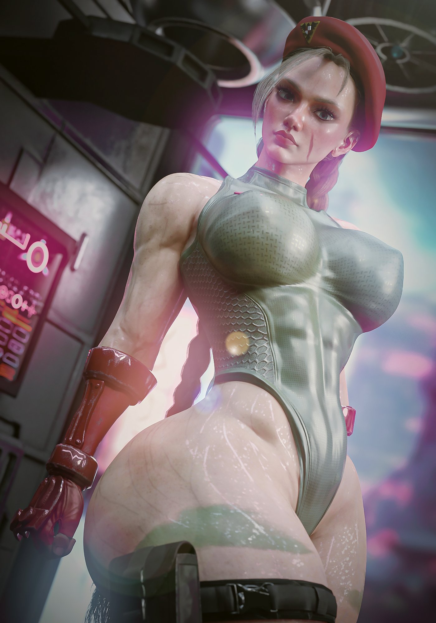 1girls, 3d, 3d (artwork), ass, athletic, athletic female, audrix, beret, big ass, big breasts, big thighs, blonde hair, braided hair, braided twintails, breasts, cammy white, capcom, child bearing hips, female, female focus, female only, fingerless gloves, fit, fit female, gloves, hi res, highres, hips, large breasts, large thighs, leotard, light skin, light-skinned female, muscles, muscular, muscular female, scar, scar on face, solo, solo focus, standing, street fighter, street fighter 6, sweat, thick thighs, thigh gap, thigh strap, thighs, wide hips