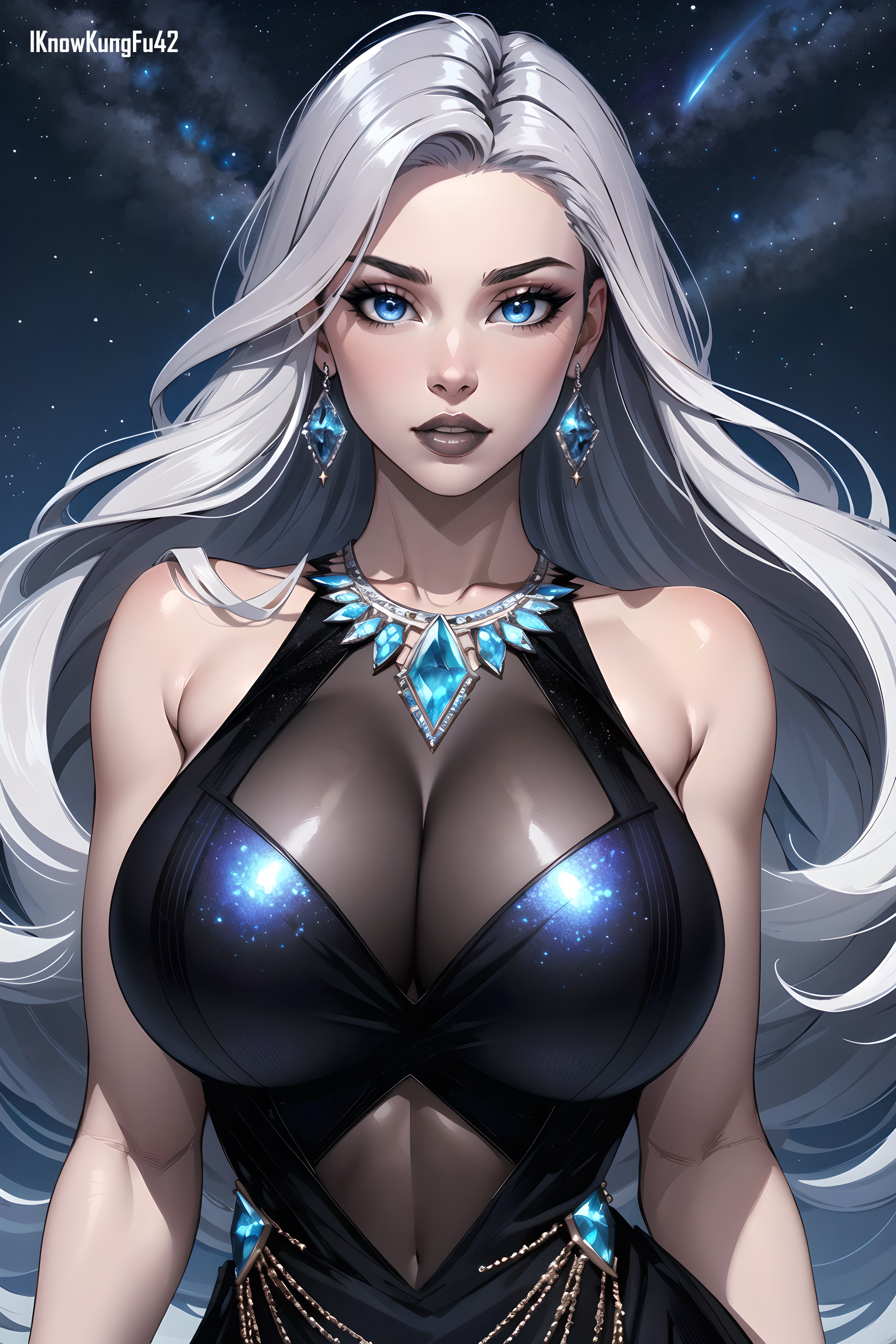 1girls, ai generated, artist name, bare shoulders, big breasts, big lips, blue clothing, blue dress, blue eyes, breasts, busty, cleavage, clothed, clothing, detailed background, dress, earrings, eyelashes, female, female human, female only, hi res, high resolution, highres, hourglass figure, human, iknowkungfu42, jewelry, large breasts, light skin, light-skinned female, lips, long hair, looking at viewer, necklace, night, original, original character, parted lips, red lips, red lipstick, silver hair, sky, solo, thick lips, white hair