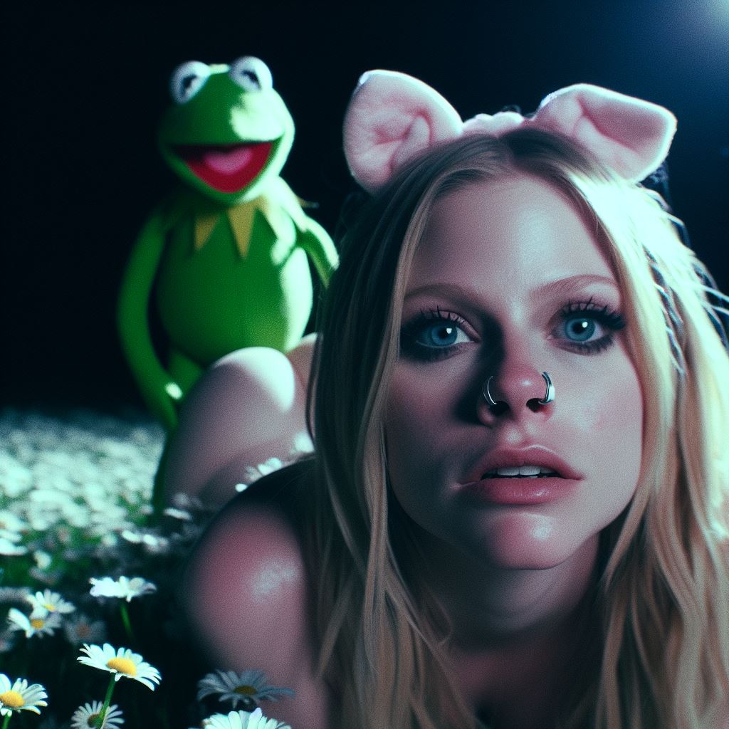 1girls ai_generated avril_lavigne blonde_hair blue_eyes celebrity dall-e3 doggy_style field flower_field flowers implied_sex kermit_the_frog lying_on_ground muppets outside piercing pig pig_ears pig_girl pig_nose puppet real_person sesame_street tagme the_muppet_show