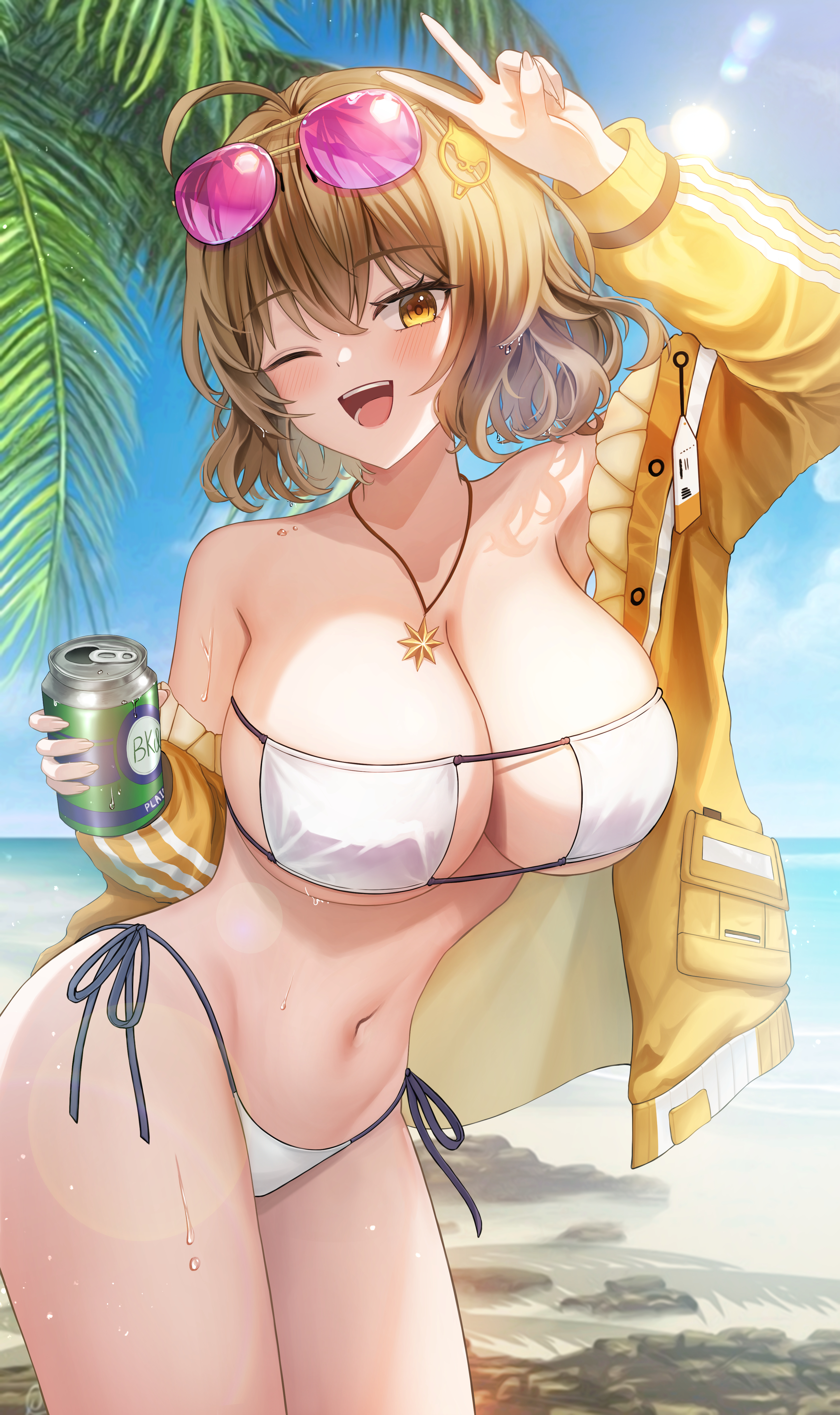 :d, 1girls, ahoge, anis (nikke), anis (sparkling summer) (nikke), bare shoulders, beach, bikini, blonde hair, blush, breasts, cleavage, contrapposto, cowboy shot, day, eyepatch bikini, eyewear on head, female, goddess of victory: nikke, holding, jacket, jewelry, large breasts, looking at viewer, midriff, navel, necklace, ocean, off shoulder, off-shoulder jacket, official alternate costume, one eye closed, open mouth, outdoors, palm leaf, pink-tinted eyewear, ppudang, sand, short hair, side-tie bikini bottom, smile, solo, standing, string bikini, sunglasses, sweat, swimsuit, tinted eyewear, v, water, white bikini, yellow eyes, yellow jacket