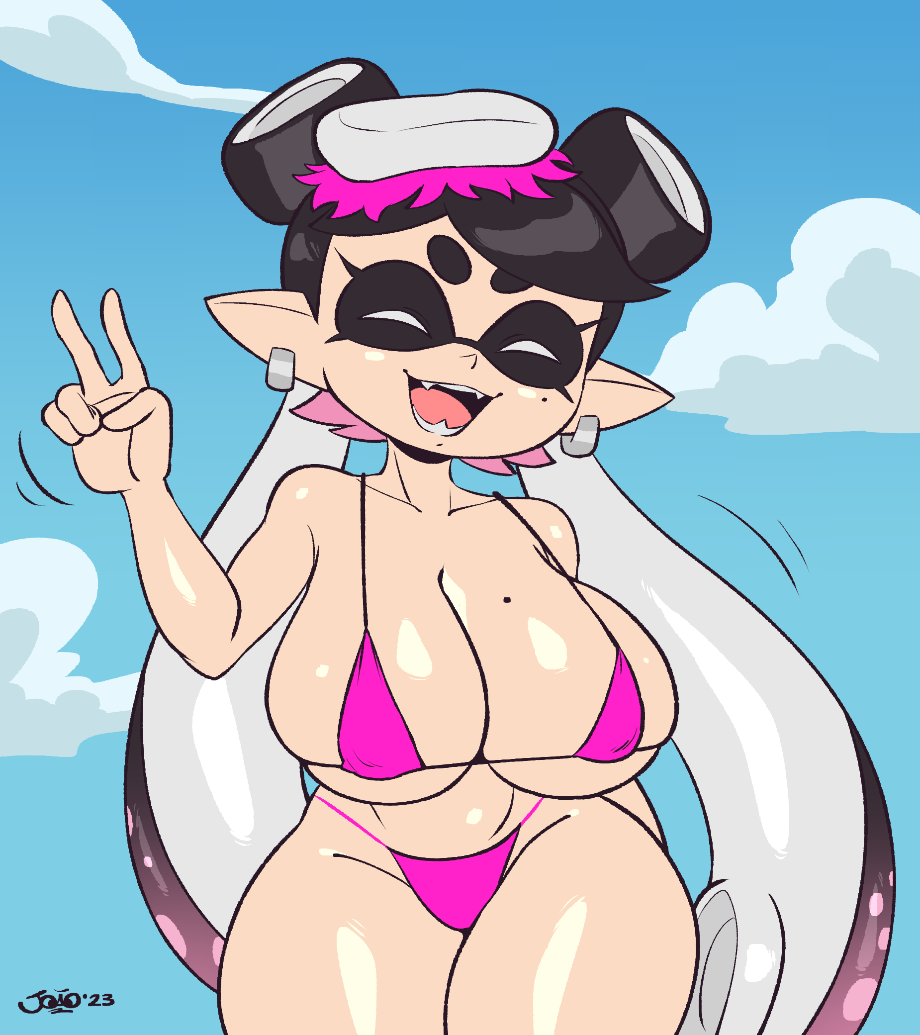 1girls, alternate breast size, beauty mark, big breasts, big thighs, bikini, black hair, blush, breasts, busty, callie (splatoon), cleavage, closed eyes, curvy, earrings, female, female only, huge breasts, huge thighs, inkling, joaoppereiraus, large breasts, large thighs, light skin, light-skinned female, micro bikini, nintendo, open mouth, pink bikini, pointy ears, solo, splatoon, tentacle, tentacle hair, thick, thick hips, thick thighs, v, wide hips