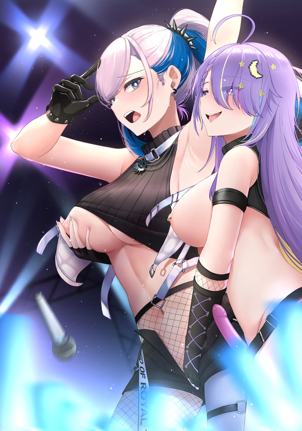 2d 2d_(artwork) 2girls armpits arms arms_up belly belly_button blue_eyes boobs breast_grab breasts detached_sleeves digital_drawing_(artwork) dildo female female/female female_focus female_only fingerless_gloves fishnets gloves hair hair_ornament hips hololive hololive_indonesia hololive_indonesia_area_15 hololive_indonesia_holoro image landacdeus legs light_skin long_hair looking_at_another microphone moona_hoshinova multiple_girls navel nipple_piercing nipple_pinch nipple_play nipples open_eyes open_mouth partially_clothed pavolia_reine pink_nipples ponytail purple_eyes purple_hair shorts standing stomach strap-on streaked_hair sweat thighs tits touching_pussy underboob unzipped_shorts virtual_youtuber waist white_hair yuri