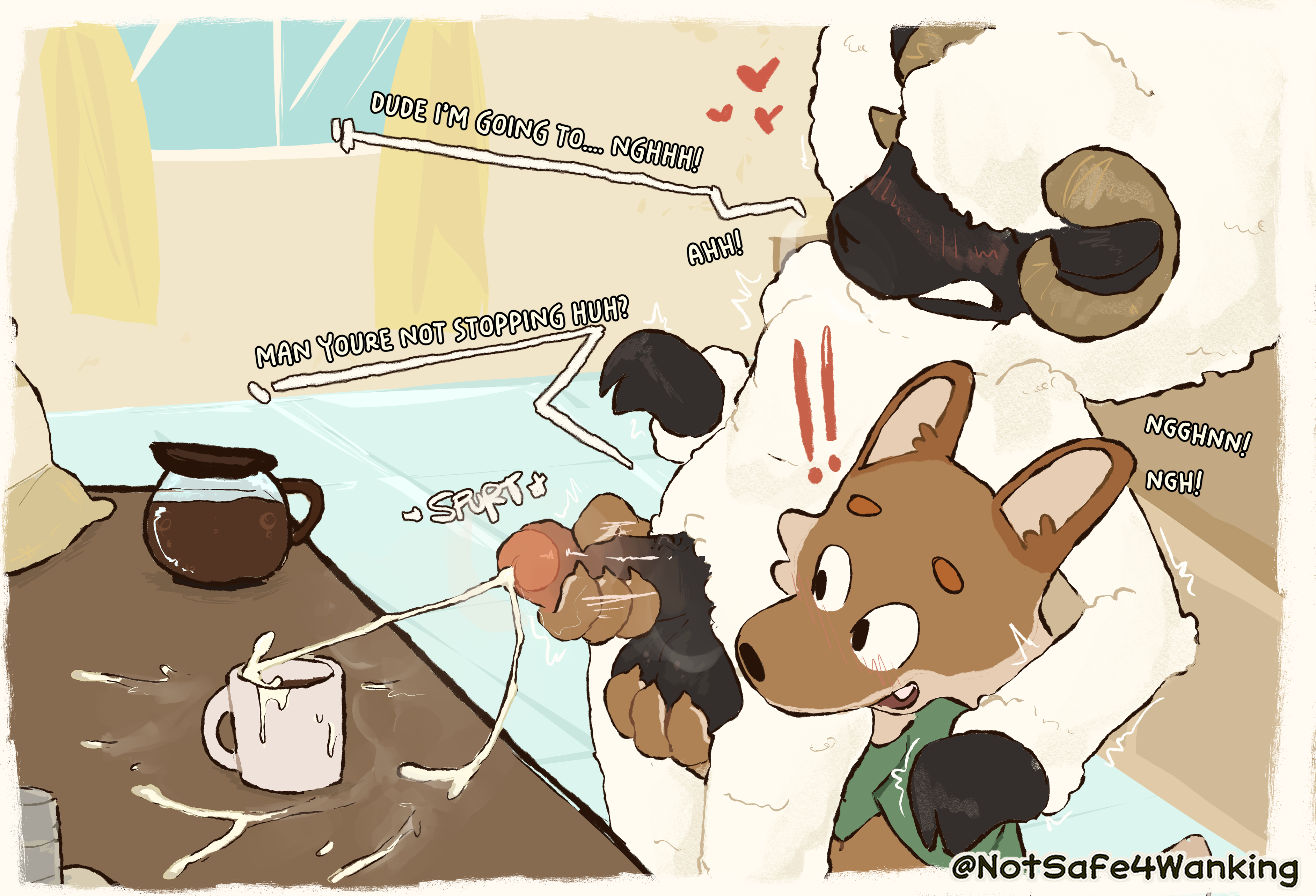 absurd res, anthro, balls, beverage, blush, bodily fluids, bovid, brown body, canid, canine, canis, caprine, clothed, clothing, coffee, coyote, cum, cum in a cup, cum in container, cumshot, digital media (artwork), duo, ejaculation, english text, erection, fur, genital fluids, genitals, hair, handjob, hi res, humanoid genitalia, humanoid penis, male, male/male, mammal, notsafeforwanking, penile, penis, sex, sheep, simple background, tail, text, white body, white fur