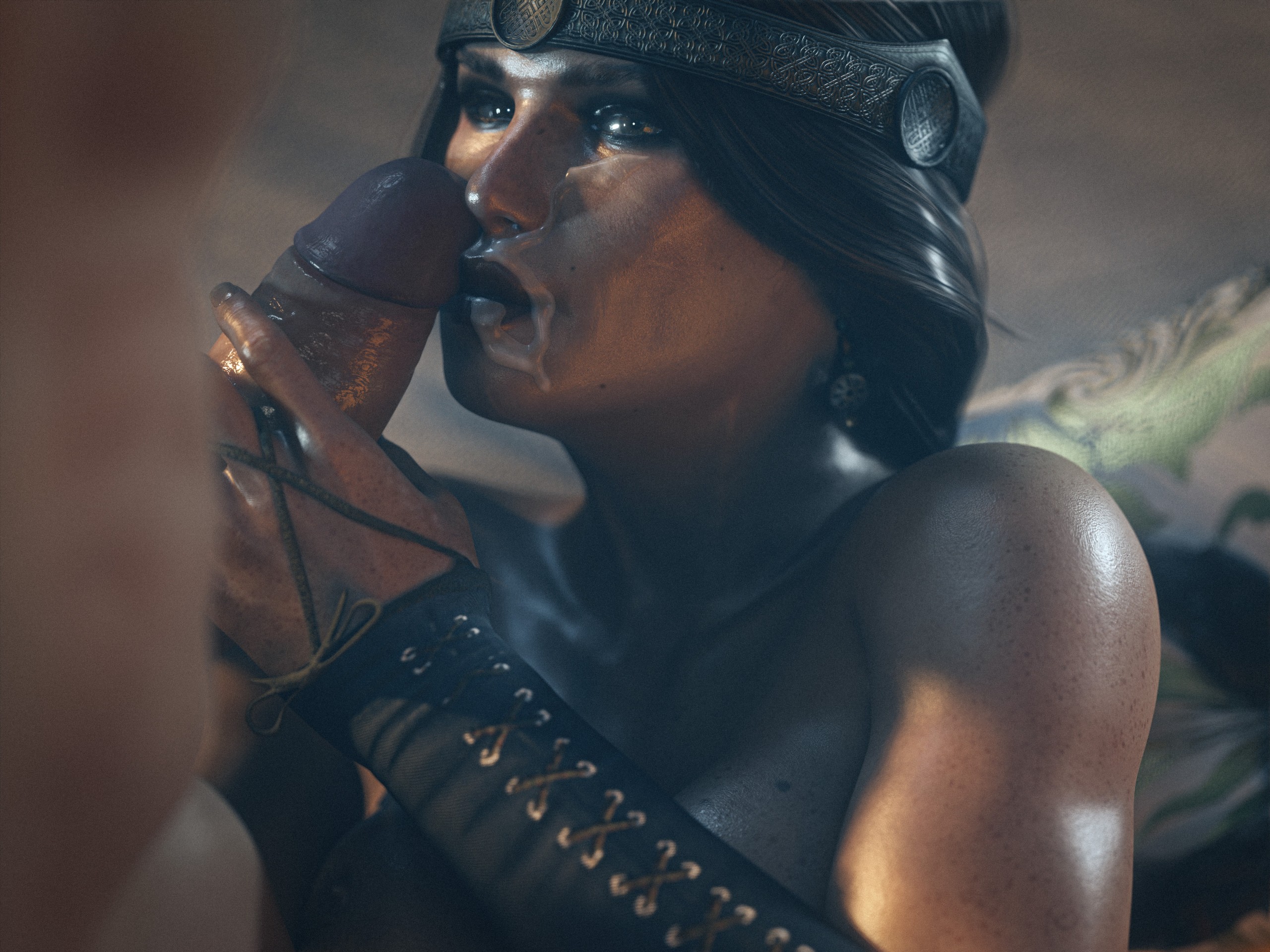 3d, after oral, braided ponytail, cd projekt red, cerys an craite, cum, cum on face, facial, female, ginger, light skin, light-skinned female, light-skinned male, looking at viewer, male, oral, penis, penis on face, red hair, red lipstick, royalty, scar, seductive eyes, seductive mouth, son umbasa, the witcher (series), the witcher 3: wild hunt