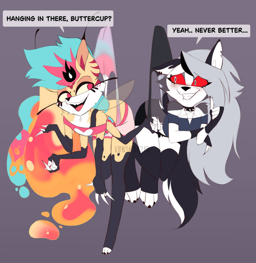 2girls, female, hellhound, helluva boss, kinkycircus, loona (helluva boss), mythology, queen bee-lzebub (helluva boss), underwear, underwear pull, wedgie