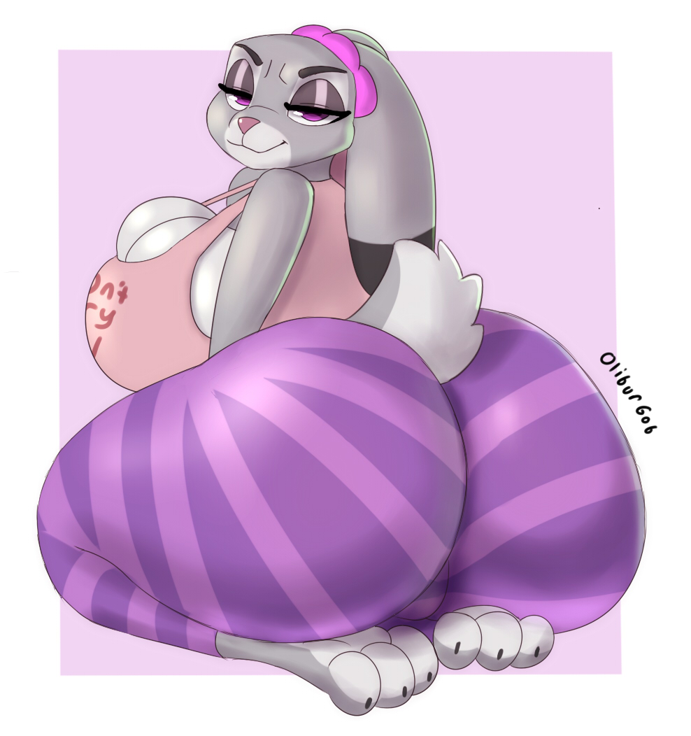 anthro, ass, bedroom eyes, big breasts, big butt, big eyes, bottomwear, breast squish, breasts, cleavage, cleavage overflow, clothed, clothing, disney, feet, female, huge breasts, huge butt, judy hopps, kneeling, lagomorph, legwear, leporid, long ears, looking at viewer, mammal, narrowed eyes, oliburgob, overflowing breasts, pattern clothing, pattern legwear, presenting, presenting hindquarters, rabbit, seductive, side boob, sitting, sitting on feet, skindentation, smile, smiling at viewer, solo, squish, striped clothing, striped legwear, stripes, thick thighs, tight bottomwear, tight clothing, tight topwear, topwear, wide hips, zootopia, zootopia 2