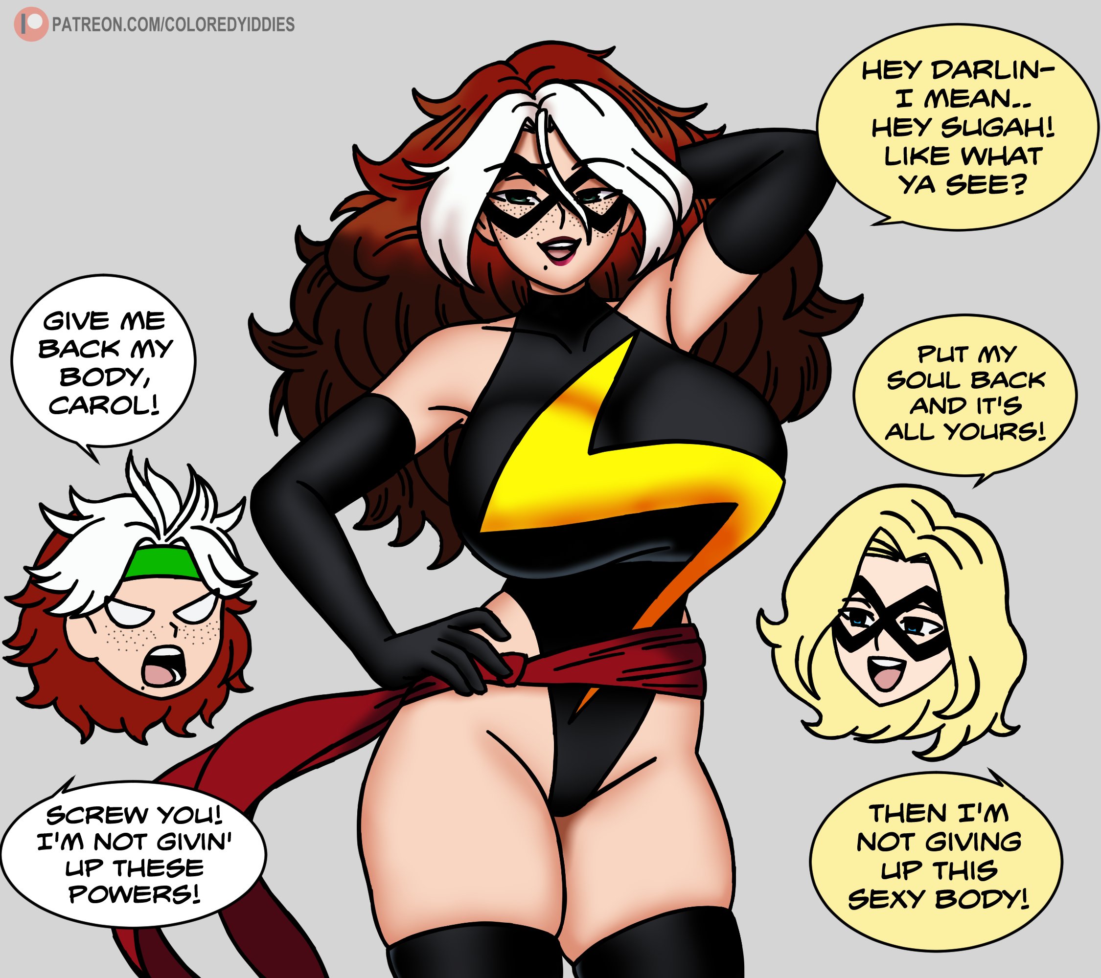 2girls, angry, angry face, anna marie, avengers, big breasts, blonde hair, breasts, carol danvers, coloredyiddies, english text, grey background, huge breasts, large breasts, marvel, marvel comics, mask, masked female, ms. marvel (carol danvers), multicolored hair, possessed, possession, rogue (x-men), speech bubble, superheroine, thick thighs, x-men