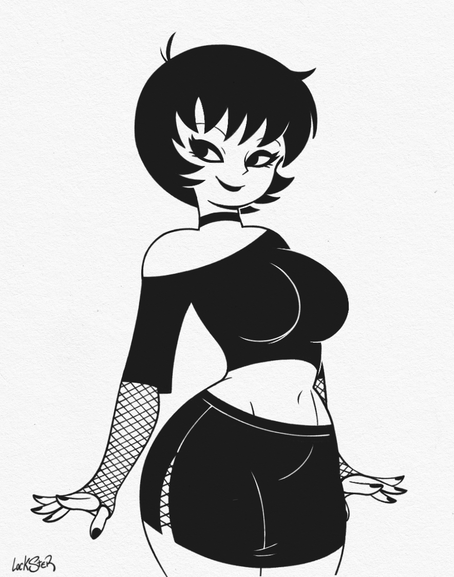 1girls, big breasts, black clothing, breasts, clothed, clothed female, curvy, cute, female, female focus, female only, goth, goth girl, hungarian, hungarian girl, jucika, jucika (comic), light skin, light-skinned female, lockster2c02, midriff, midriff baring shirt, short hair, short hair female, smile, smiling, tummy
