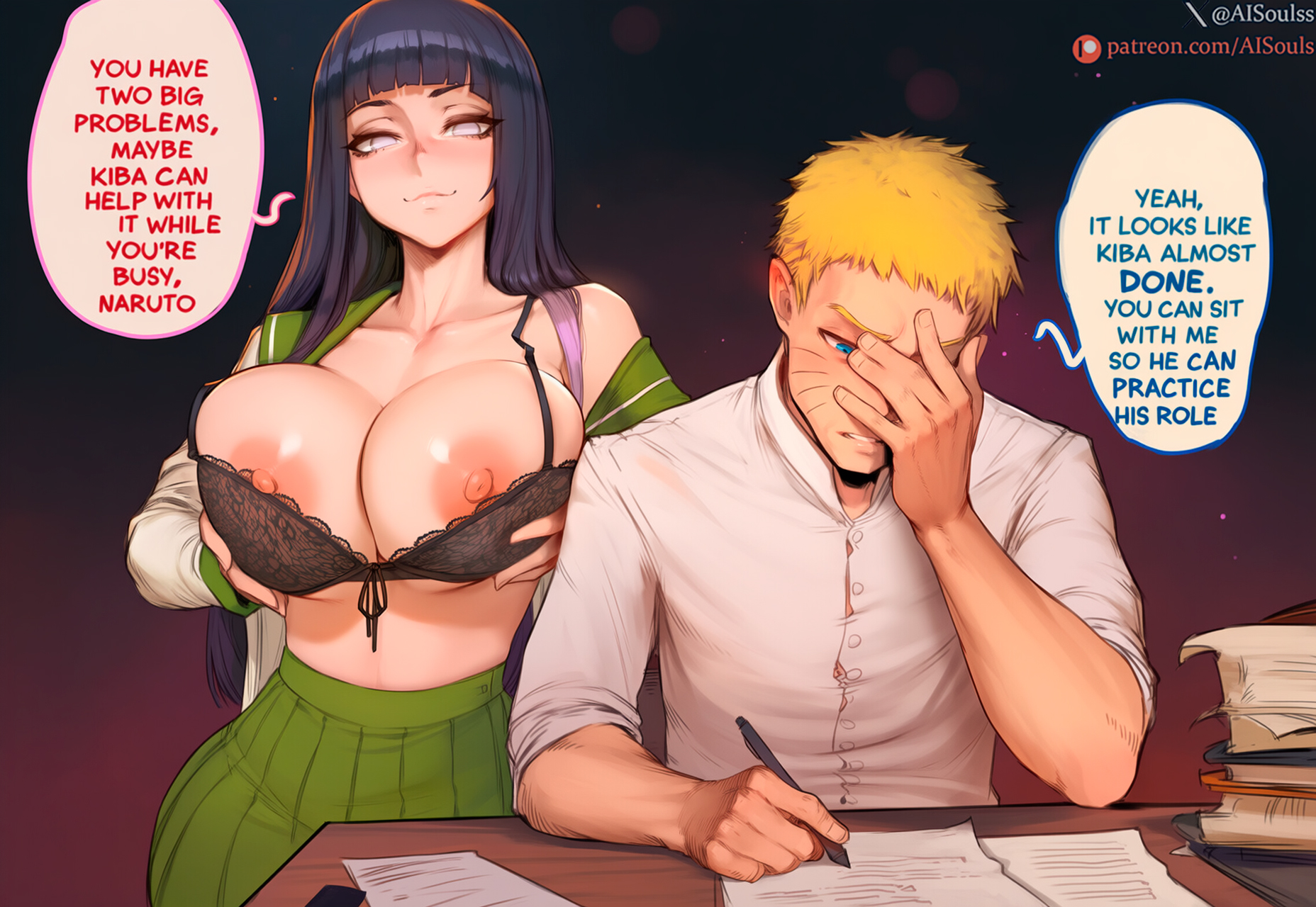 1boy, 1girls, 2d, ai assisted, ai generated, aisouls, areolae, behind another, black bra, black hair, blonde hair, blue eyes, blush, bra, breasts, breasts bigger than head, cheating, cheating girlfriend, cheating wife, comic, dialogue, english text, eye contact, female, hands on breasts, highschool of the dead, hyuuga hinata, lacy bra, large breasts, light skin, light-skinned female, looking at viewer, male, male/female, mature male, naruto, naruto (classic), naruto (series), naruto shippuden, naruto: the last, netorare, nipples, ntr, patreon username, purple eyes, purple hair, school uniform, schoolgirl uniform, shirt, shirt pull, skirt, squeezing, squeezing breast, standing, standing behind, tagme, text, uncensored, uzumaki naruto, web address