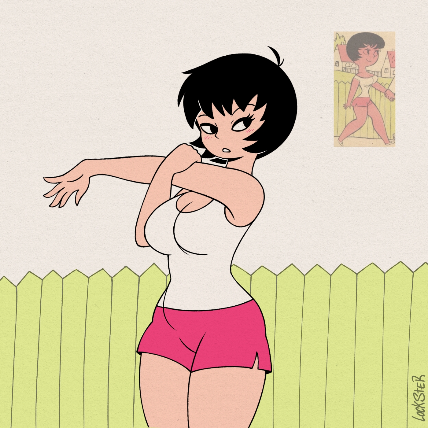 1girls, 2025, big breasts, black hair, black hair female, blush, breasts, curvy, cute, fanart, female, female focus, female only, jucika, jucika (comic), light skin, light-skinned female, lockster2c02, pink shorts, redrawn, short hair, short hair female, shorts, solo, solo female, solo focus, stretching, tank top, white tank top